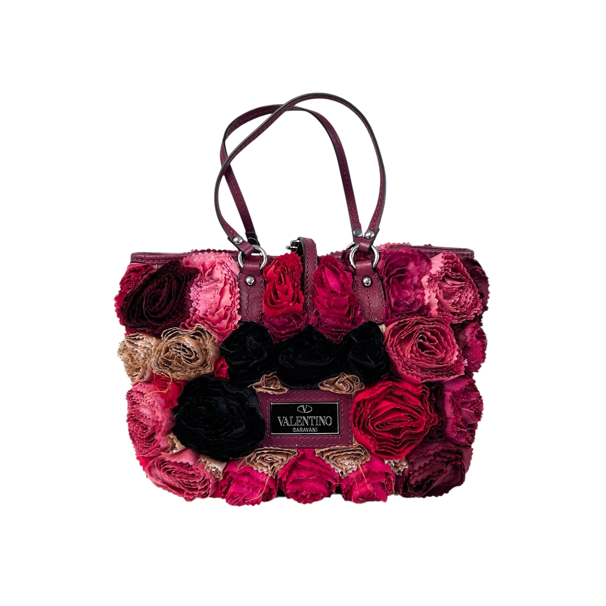 Red Satin/Leather Applique Flower Shopper Tote