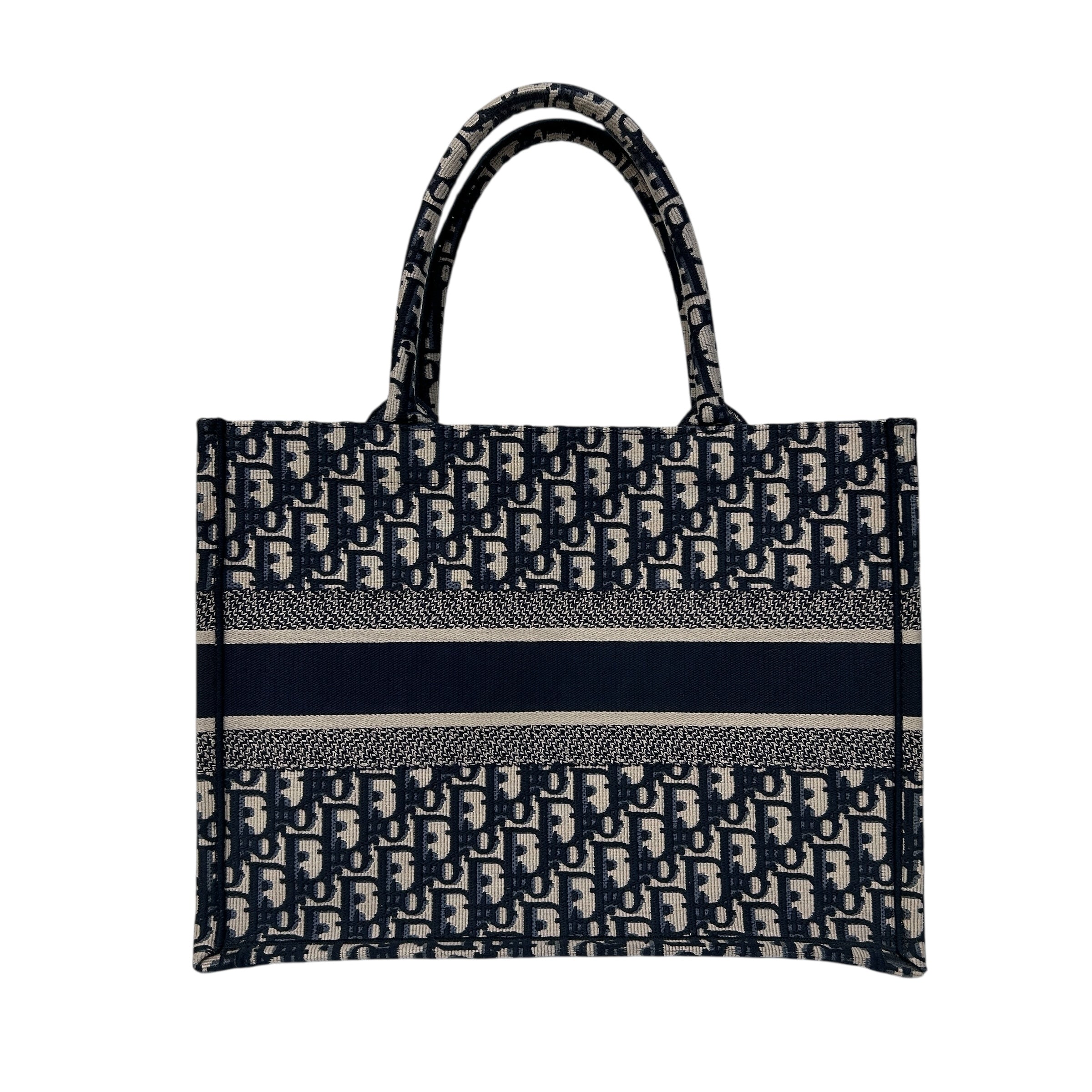 Ecru and Blue Oblique Embroidery Medium Book Tote