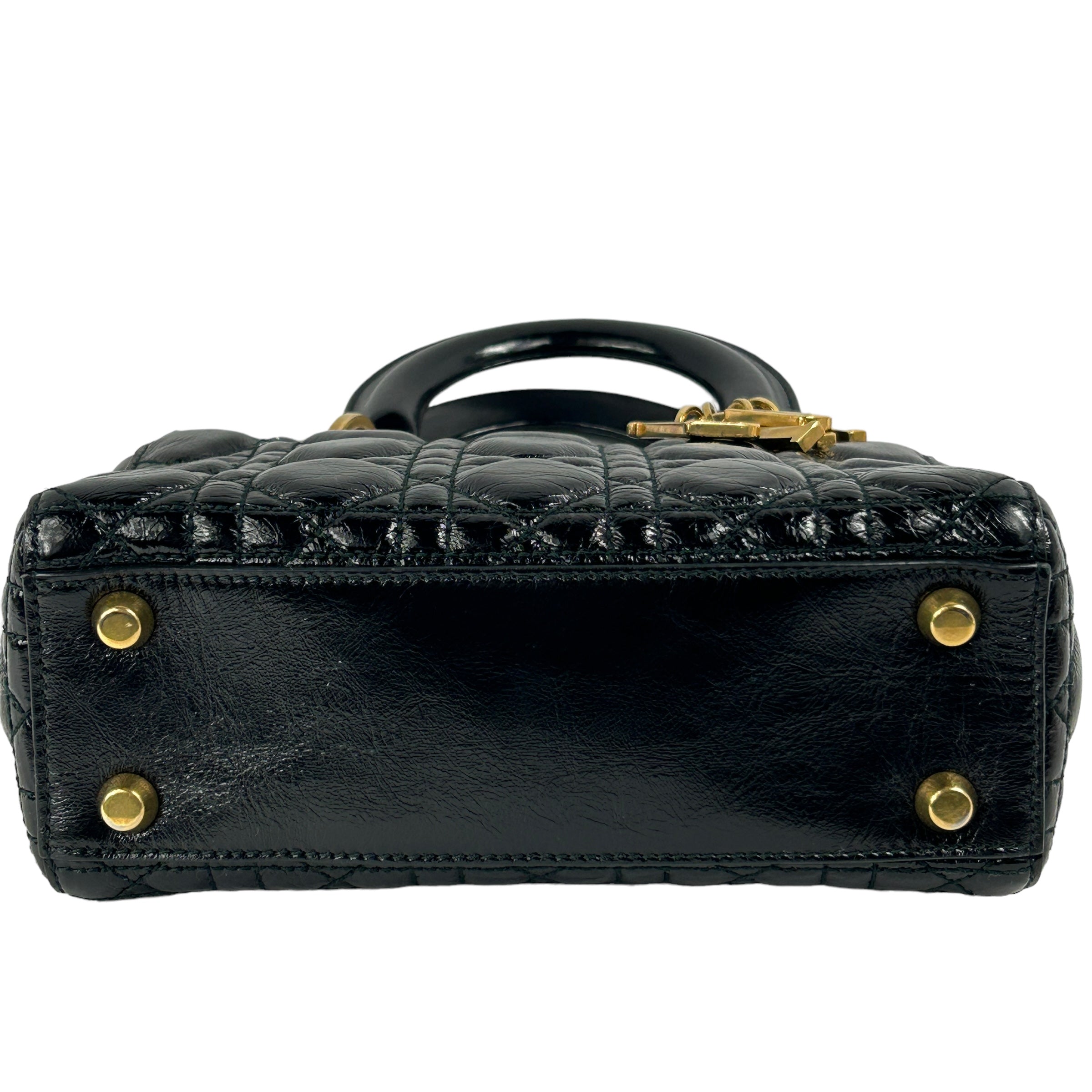 Black aged Glazed Calfskin Small Lady Dior w/AGHW