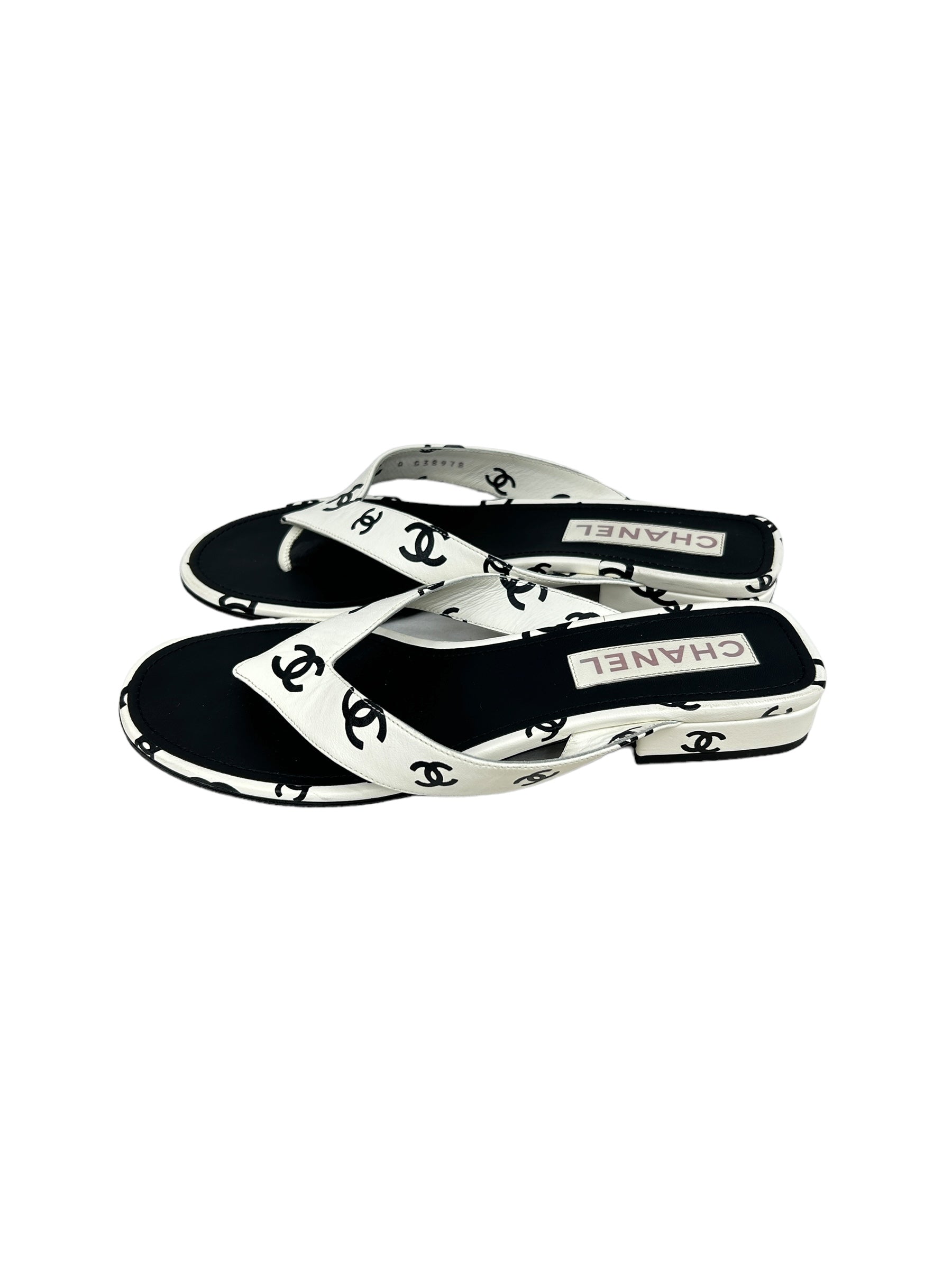 CC White Black Leather Logo Sandals