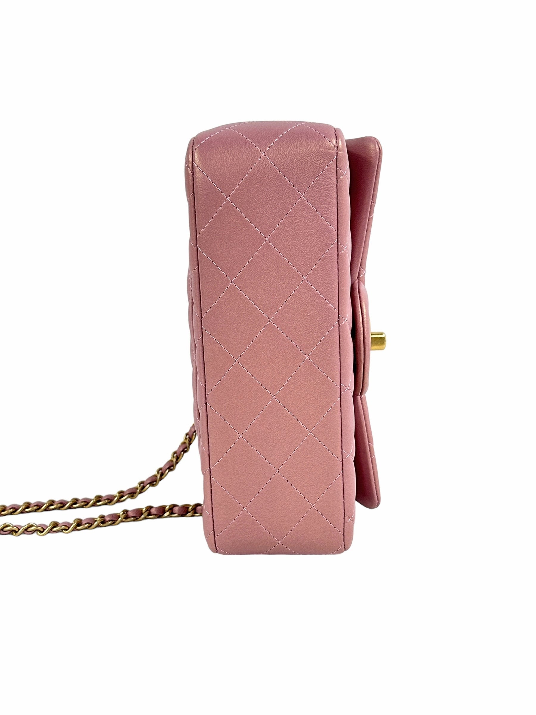 Pink Iridescent Lambskin Leather Quilted Mini Rectangle Top Handle Flap Bag w/AGHW