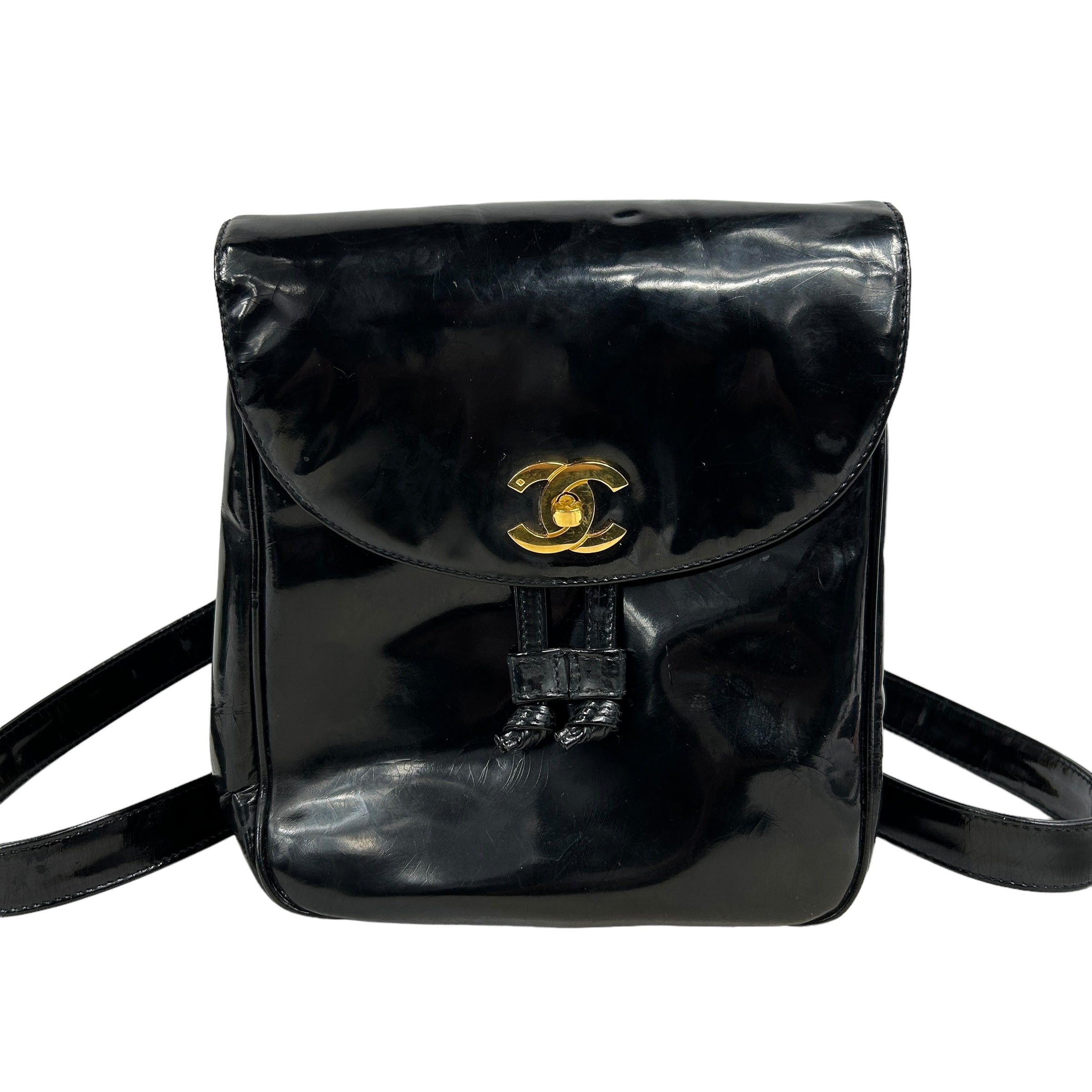 Black Patent Vintage Leather Backpack w/ 24K GHW