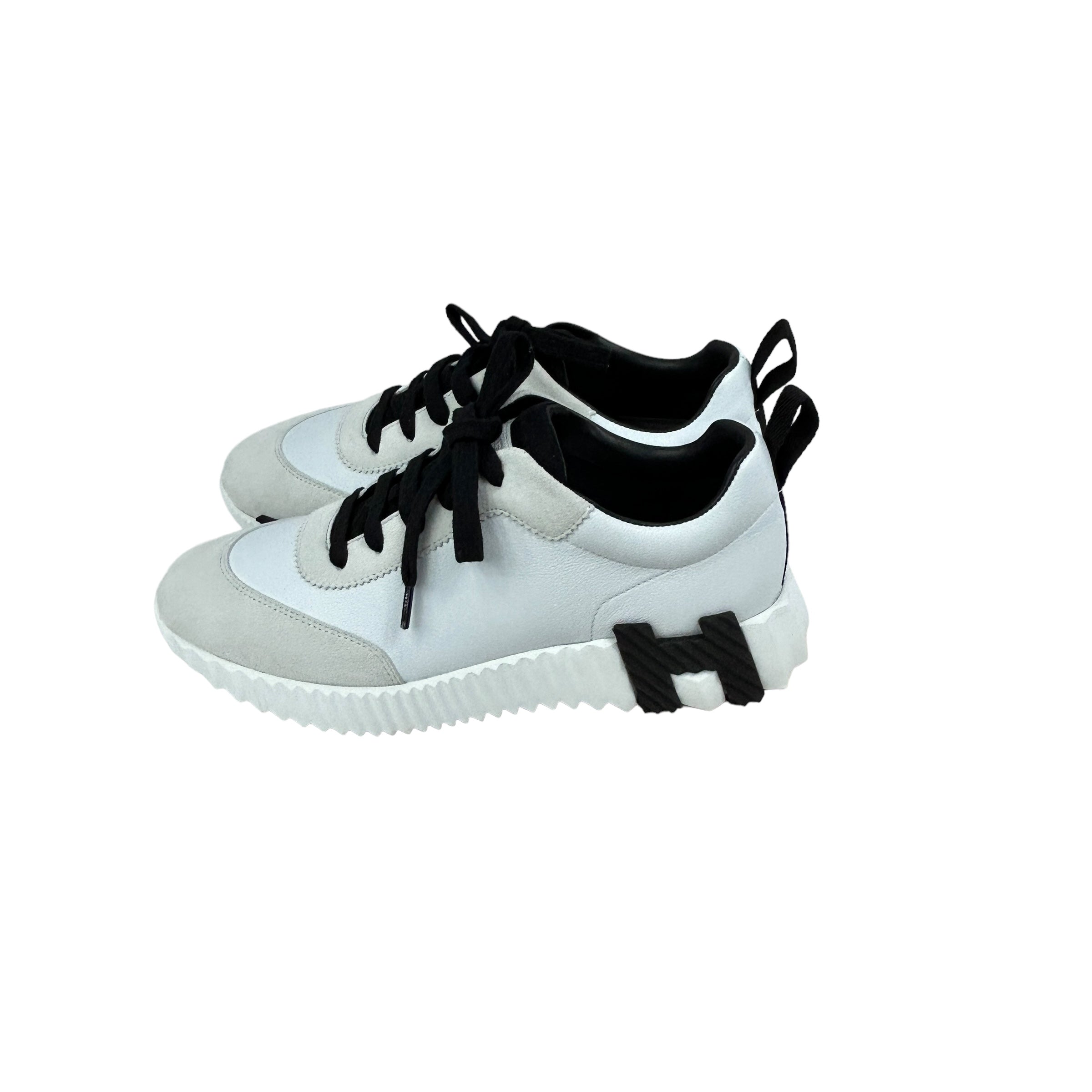 White/Black Suede/ Grained Goatskin Bouncing Sneakers