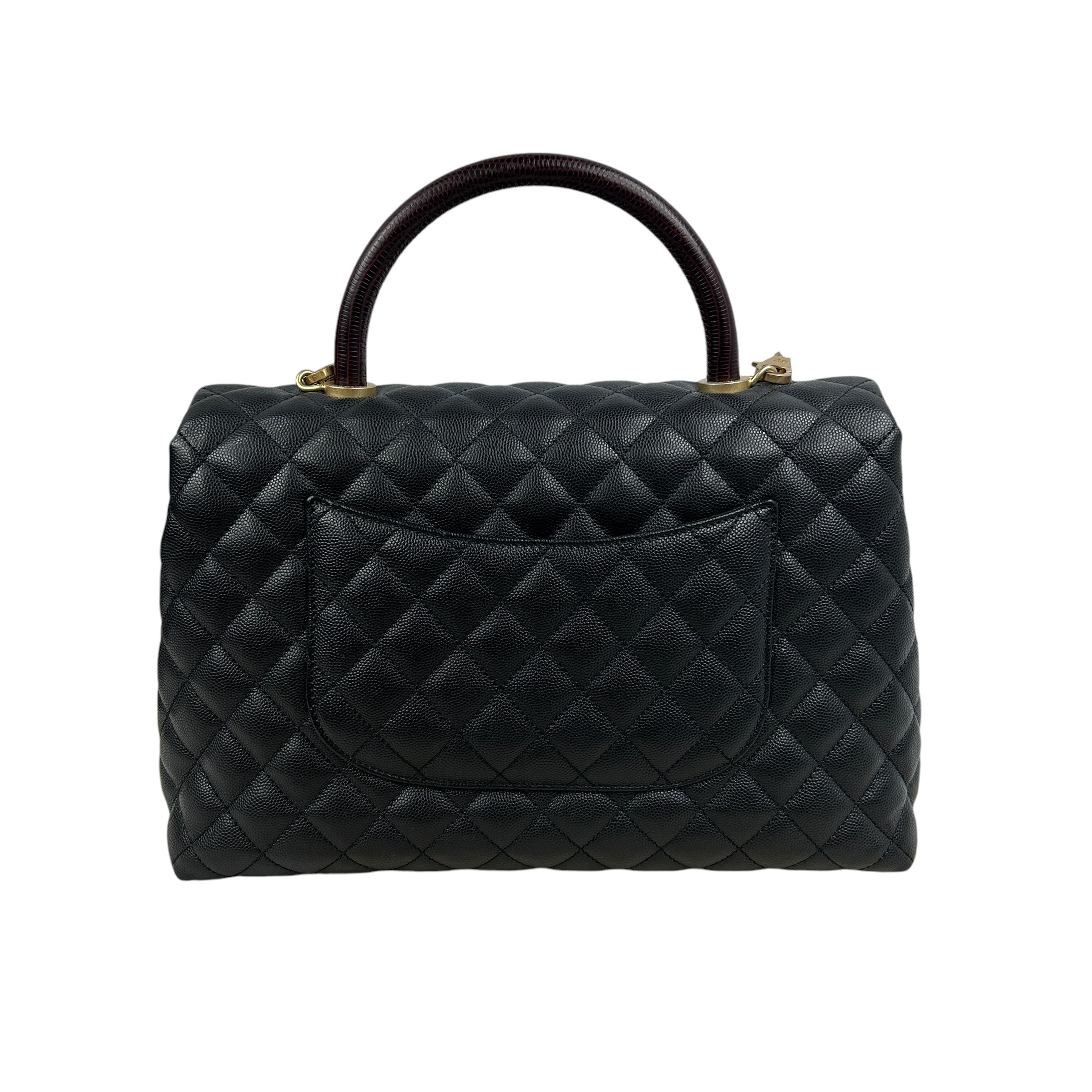 Black Caviar Quilted Coco Top Lizard Handle Large Bag w/AGHW