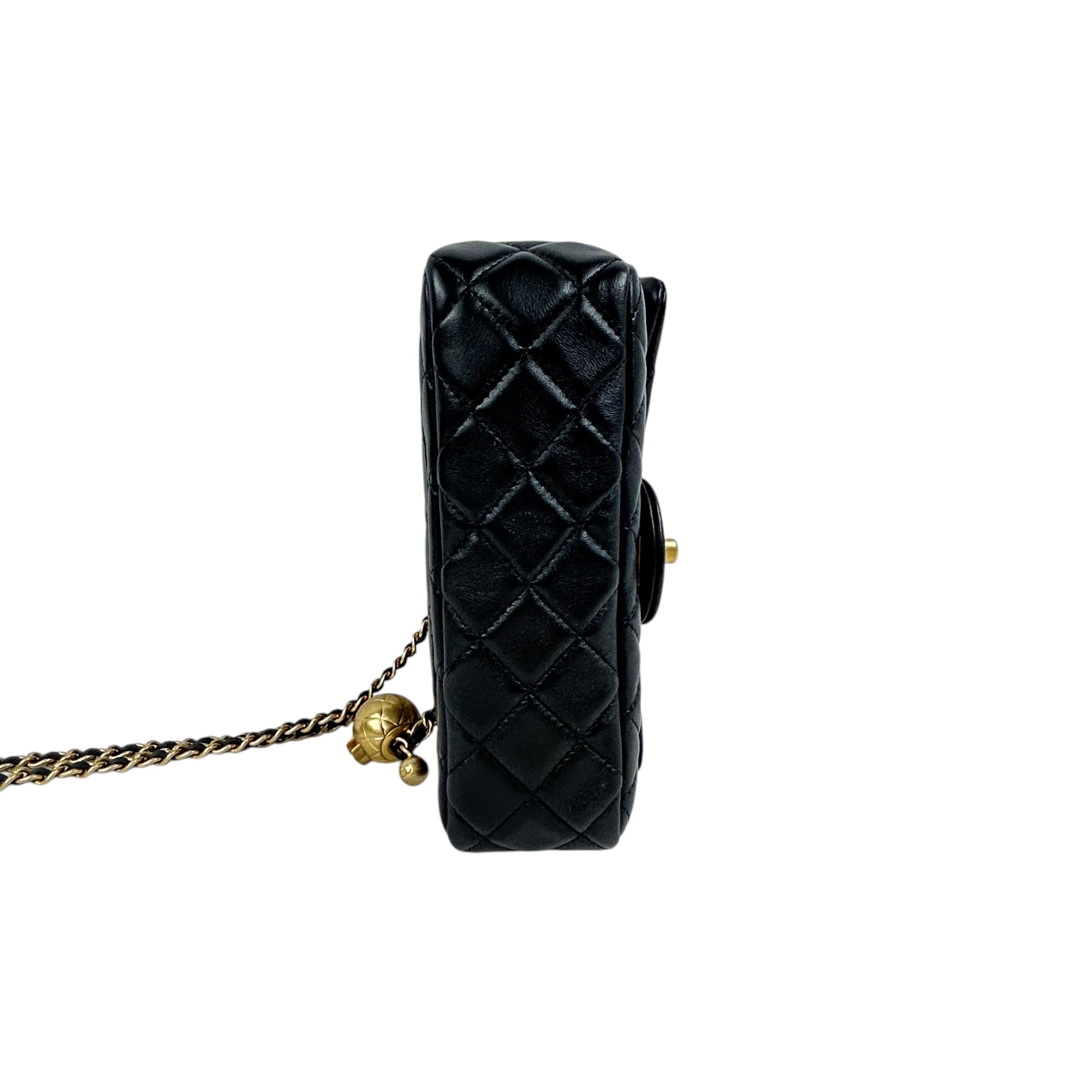 Black Lambskin Leather Quilted Rectangle Mini Pearl Crush w/AGHW