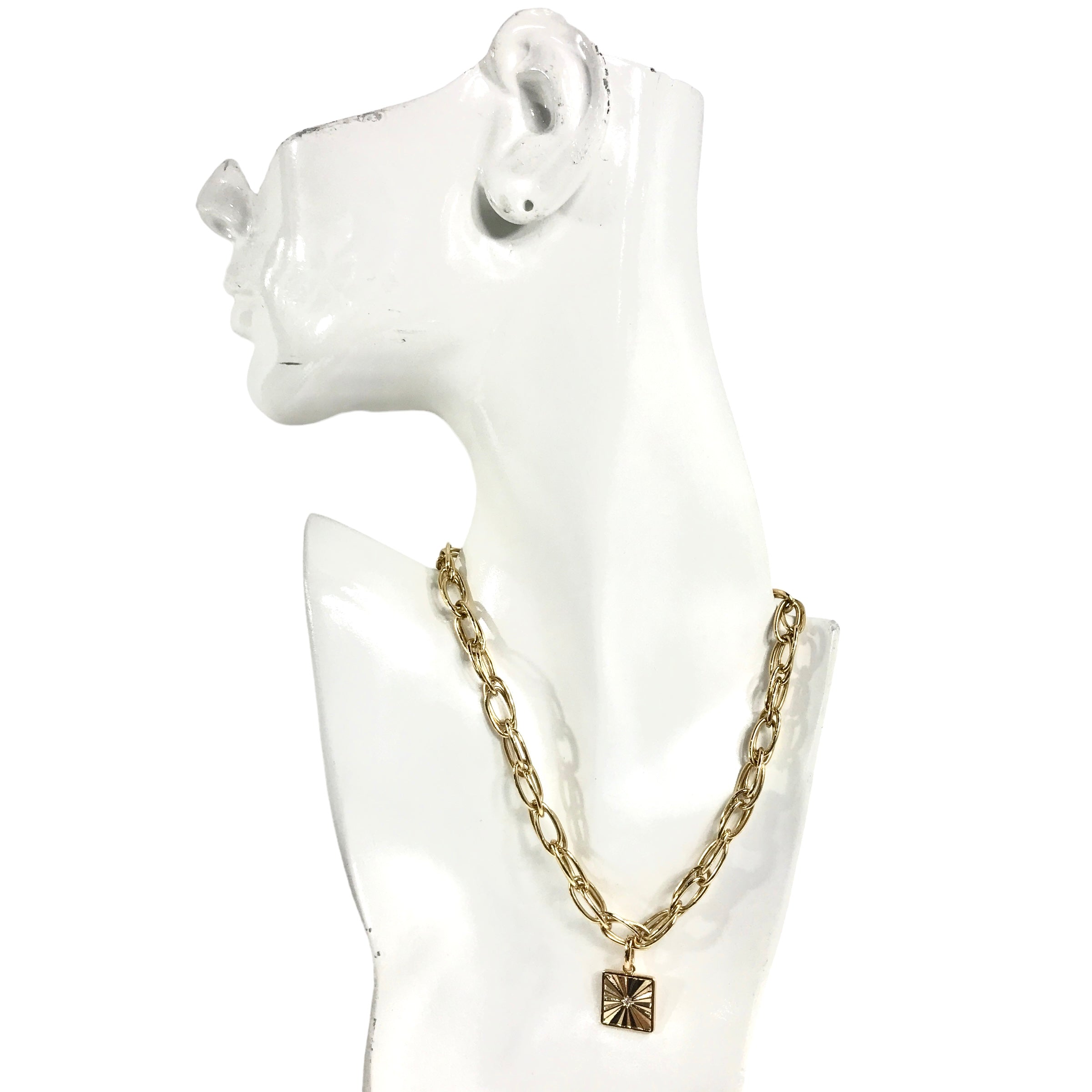 MIRANDA FRYE Gold Plated Silver Chunky Chain Necklace w/Square Pendant w/ Tiny Crystal