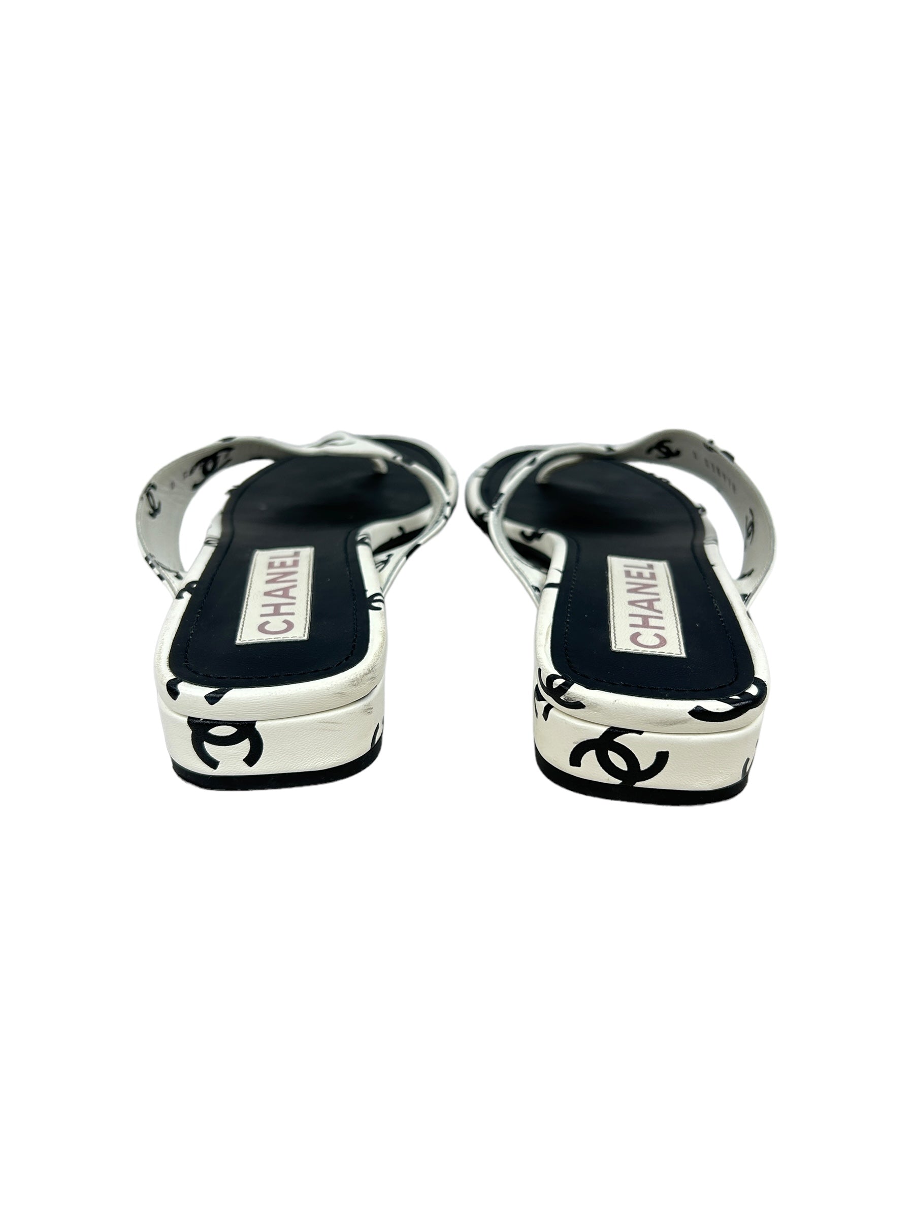 CC White Black Leather Logo Sandals