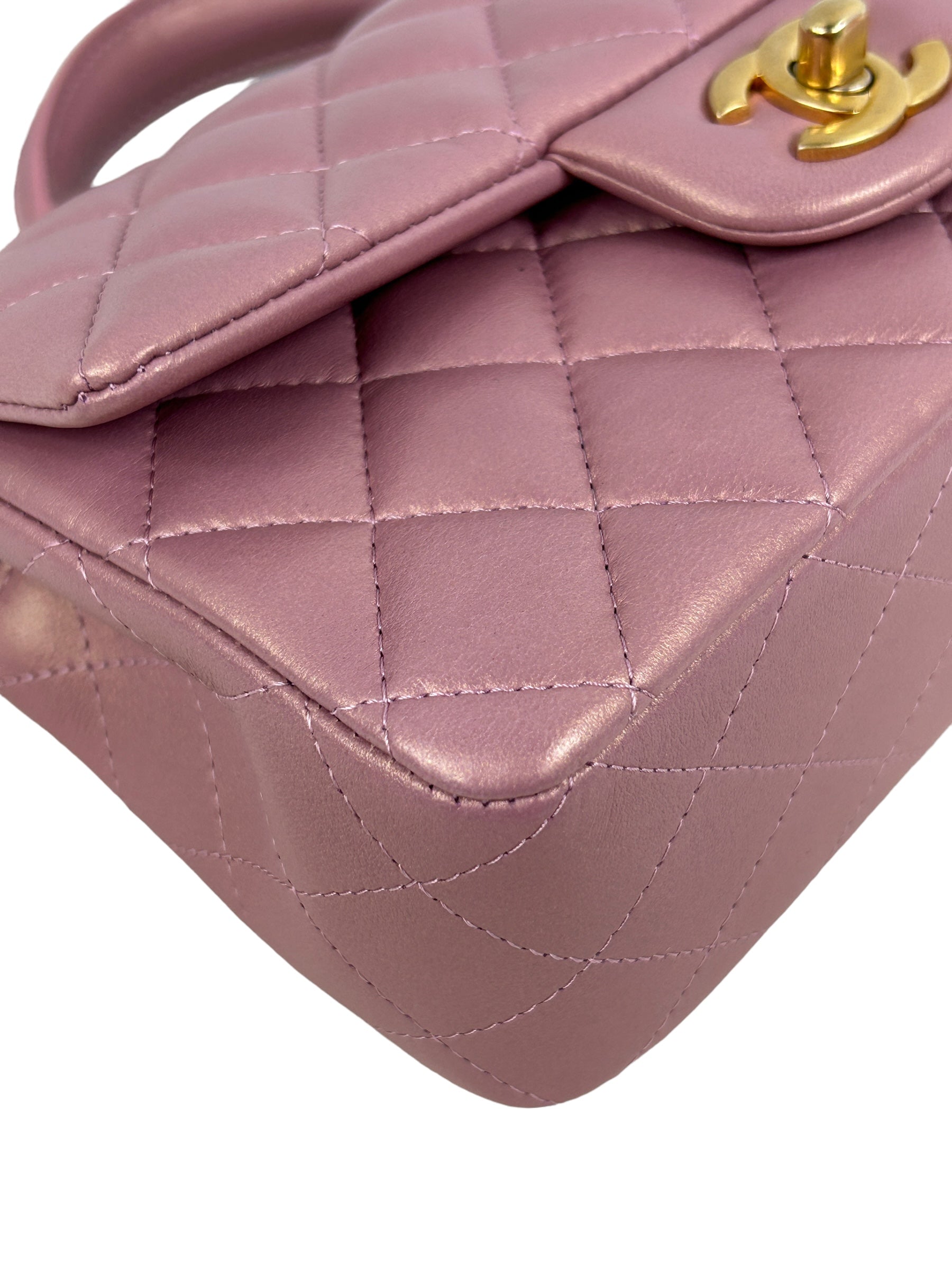 Pink Iridescent Lambskin Leather Quilted Mini Rectangle Top Handle Flap Bag w/AGHW