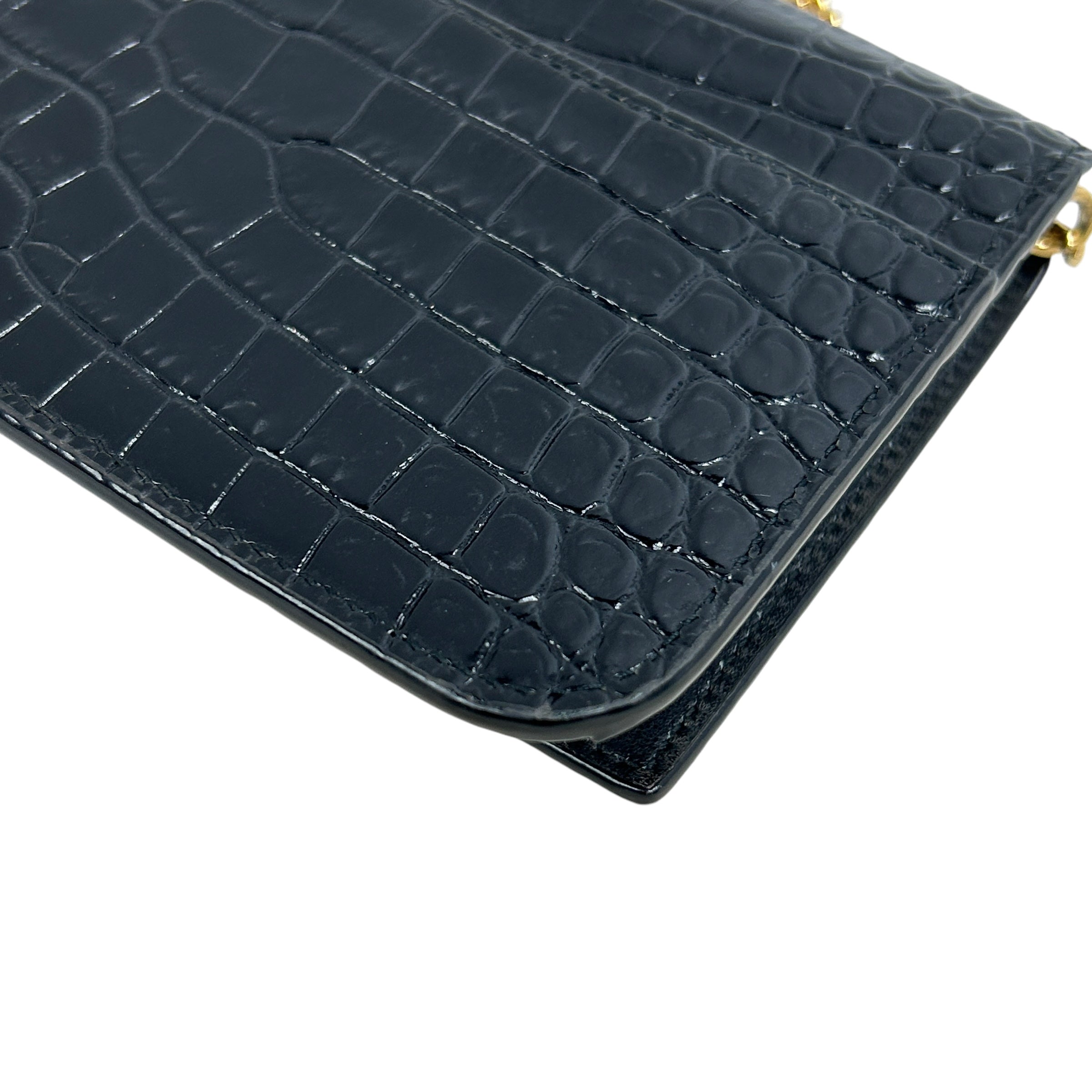 Black Croc Embossed Leather Phone Holder on Chain w/GHW