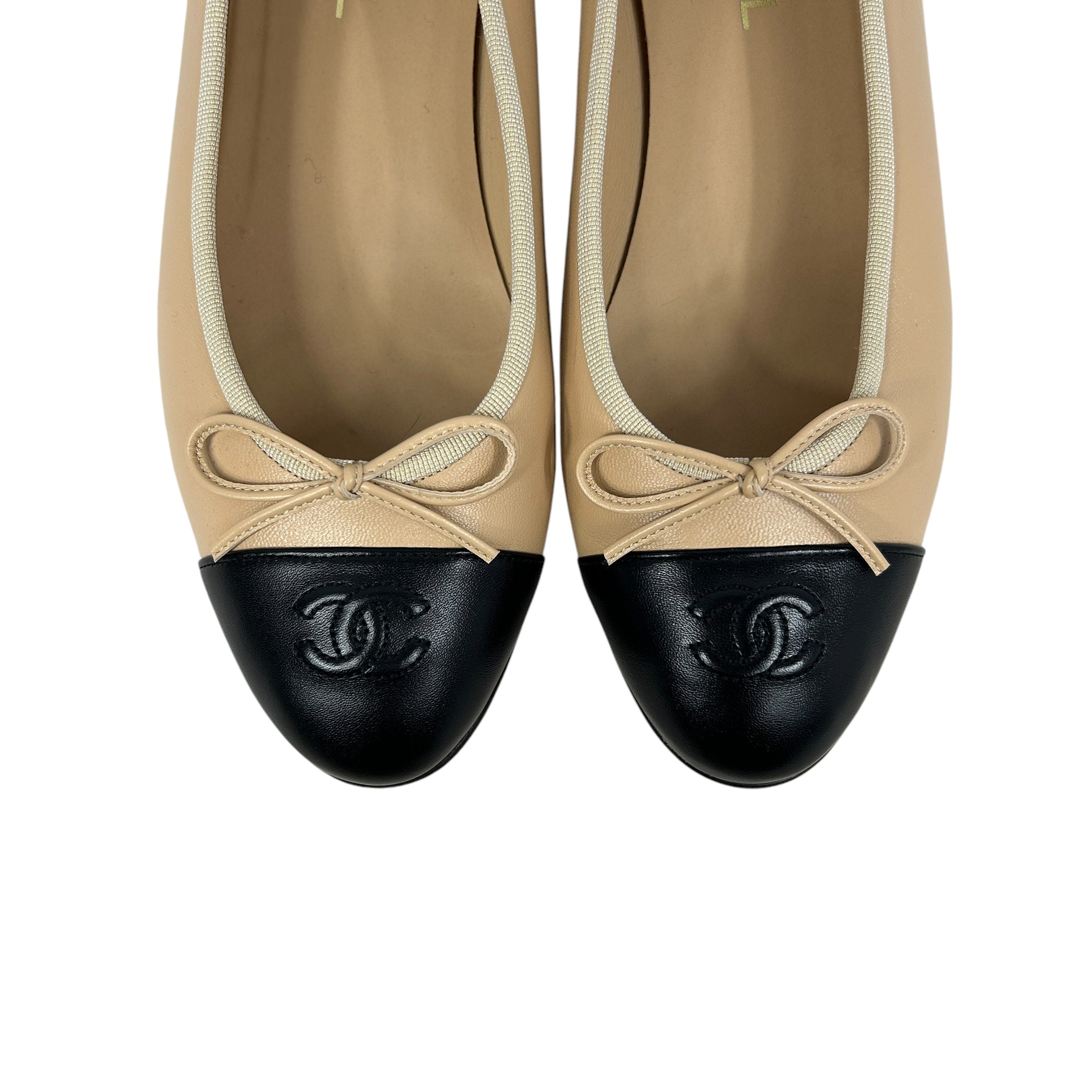 Beige/Black Lambskin CC Ballet Flats