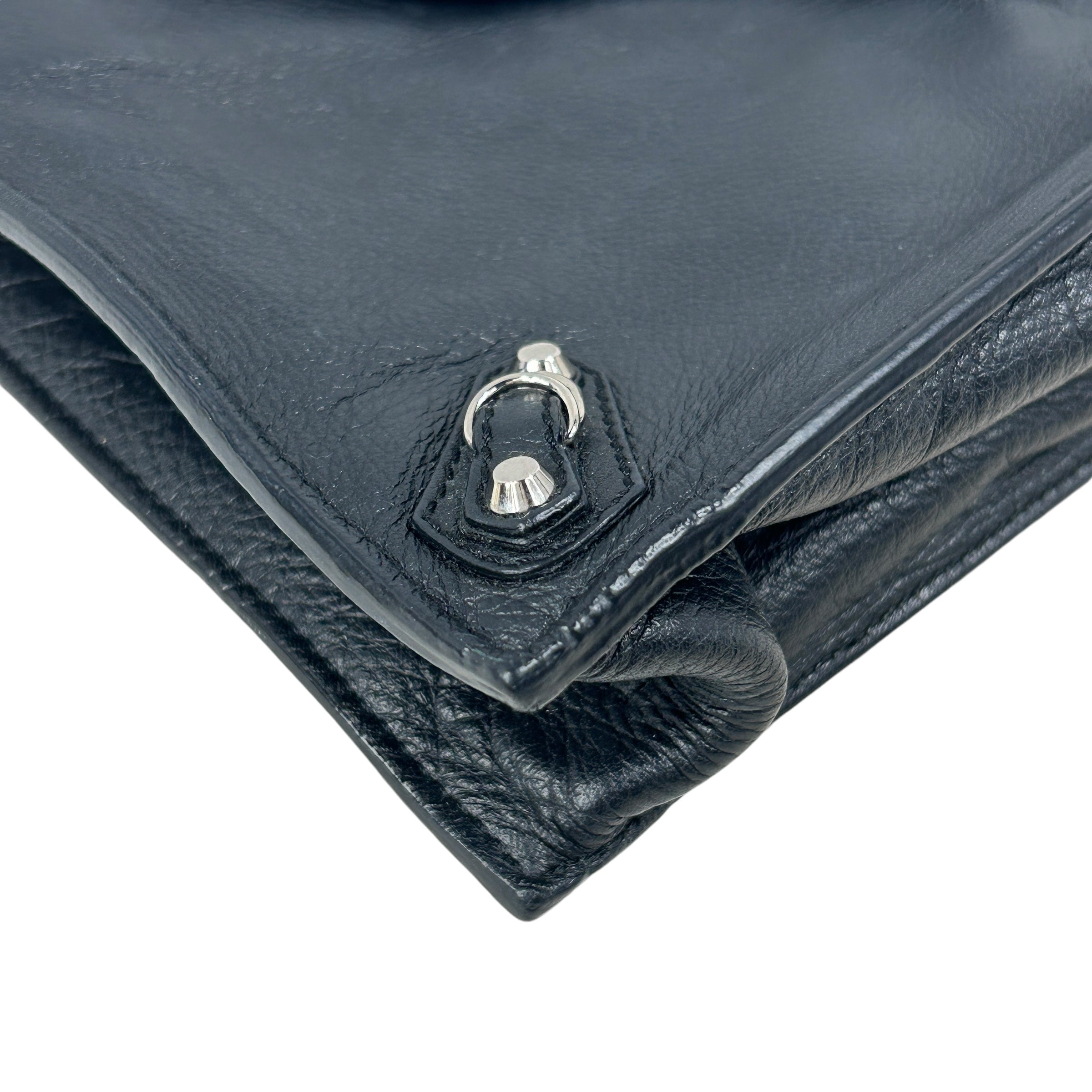 Black Calfskin Leather Paper Zip Around Site Clutch w/SHW