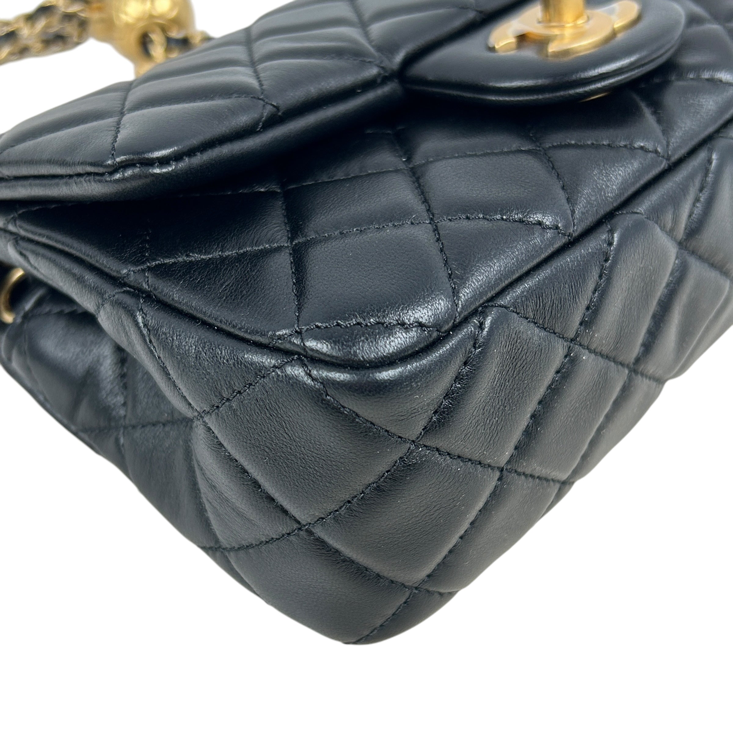 Black Lambskin Leather Quilted Rectangle Mini Pearl Crush w/AGHW