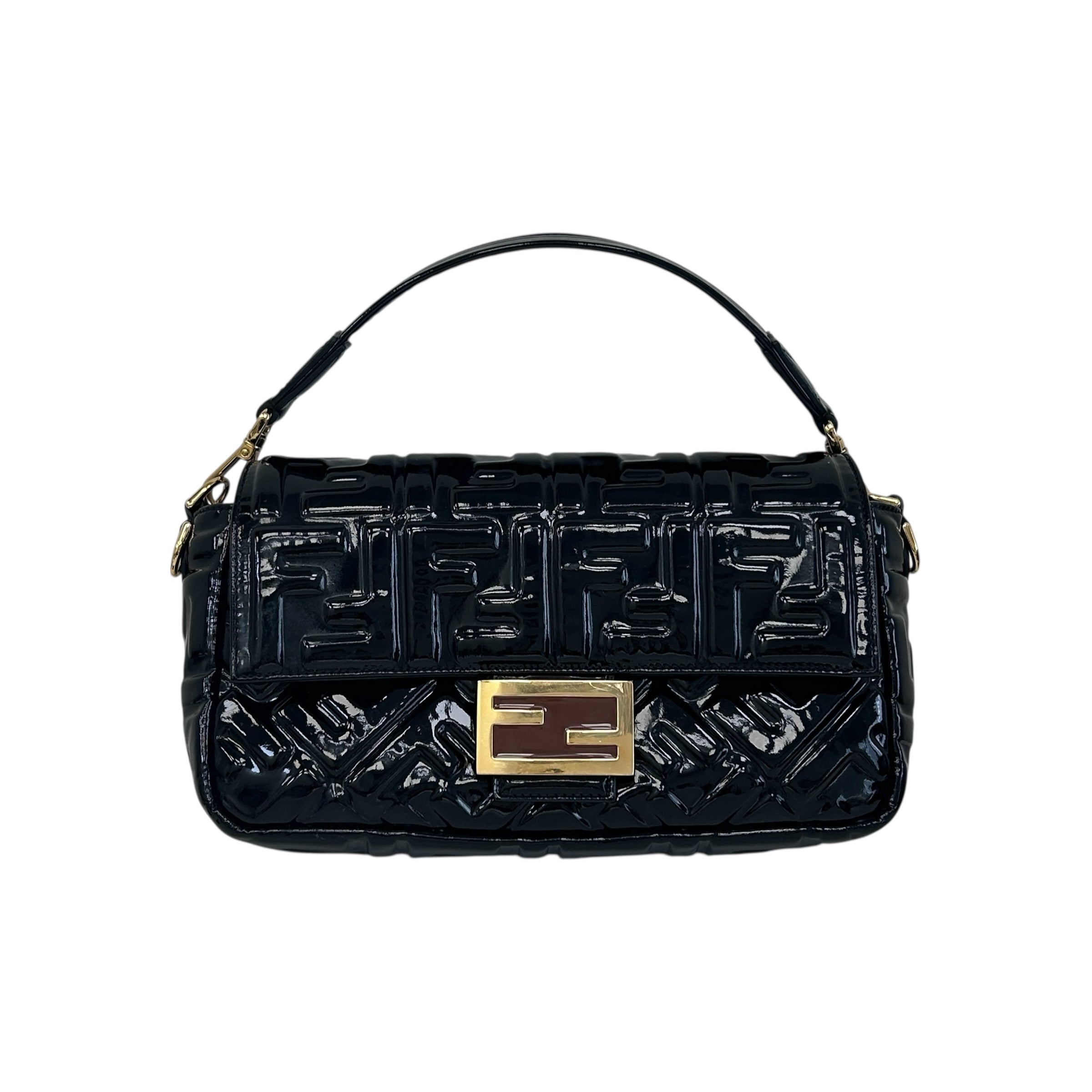 Black Large Zucca Embossed Patent Baguette Bag w/strap GHW