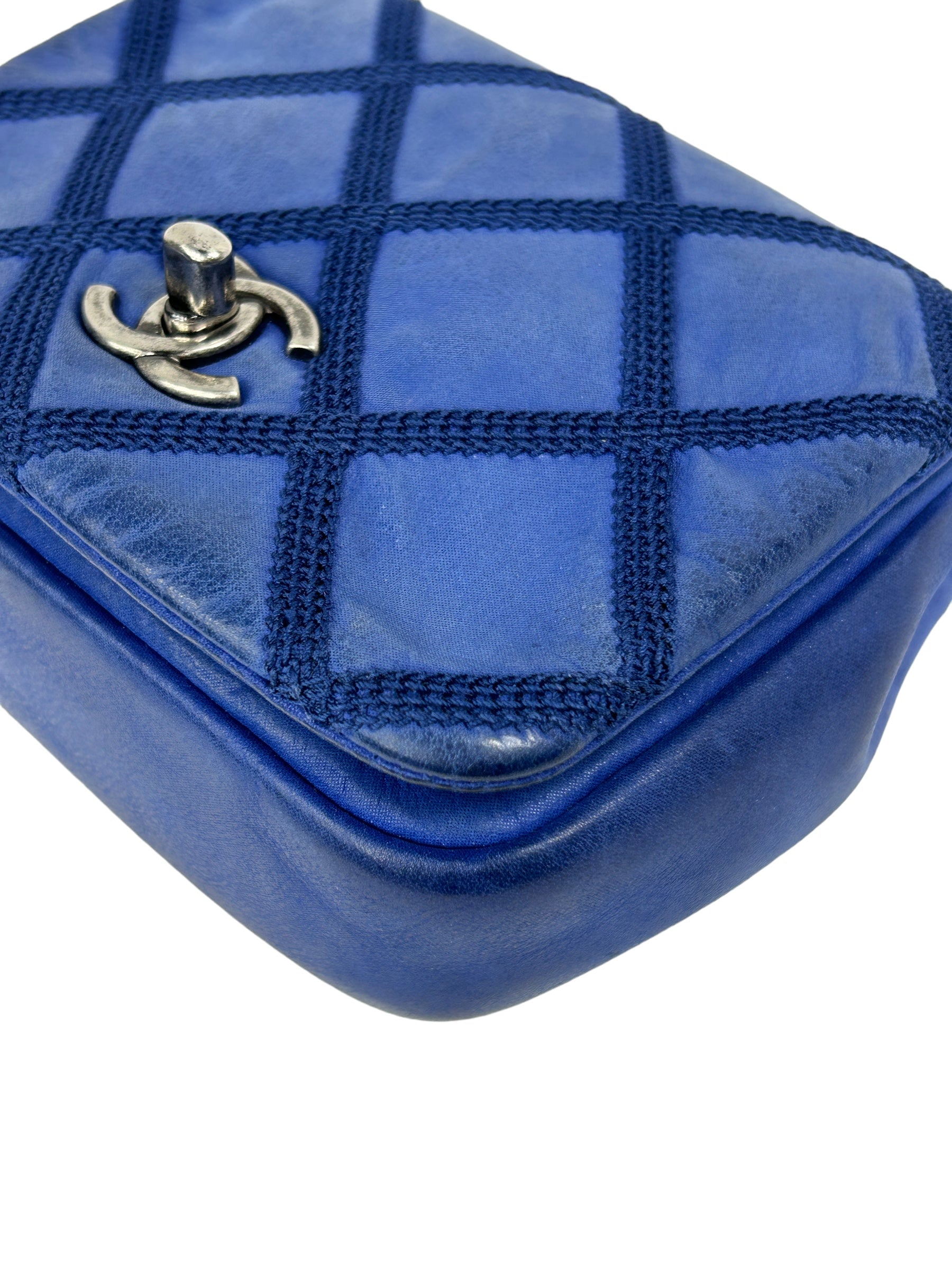 Blue Leather Diamond Top Stitch Mini Square CC Flap w/RHW