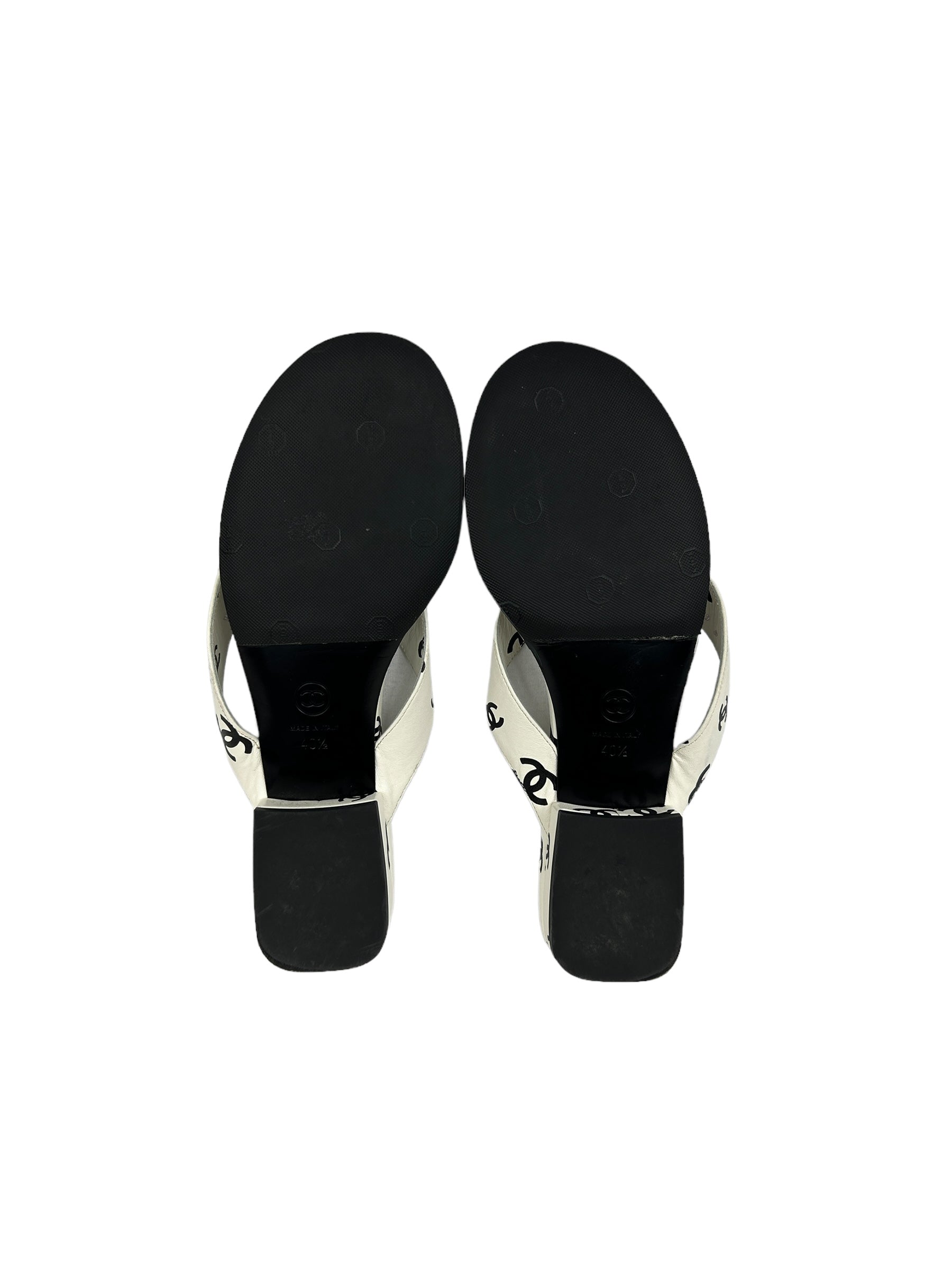 CC White Black Leather Logo Sandals