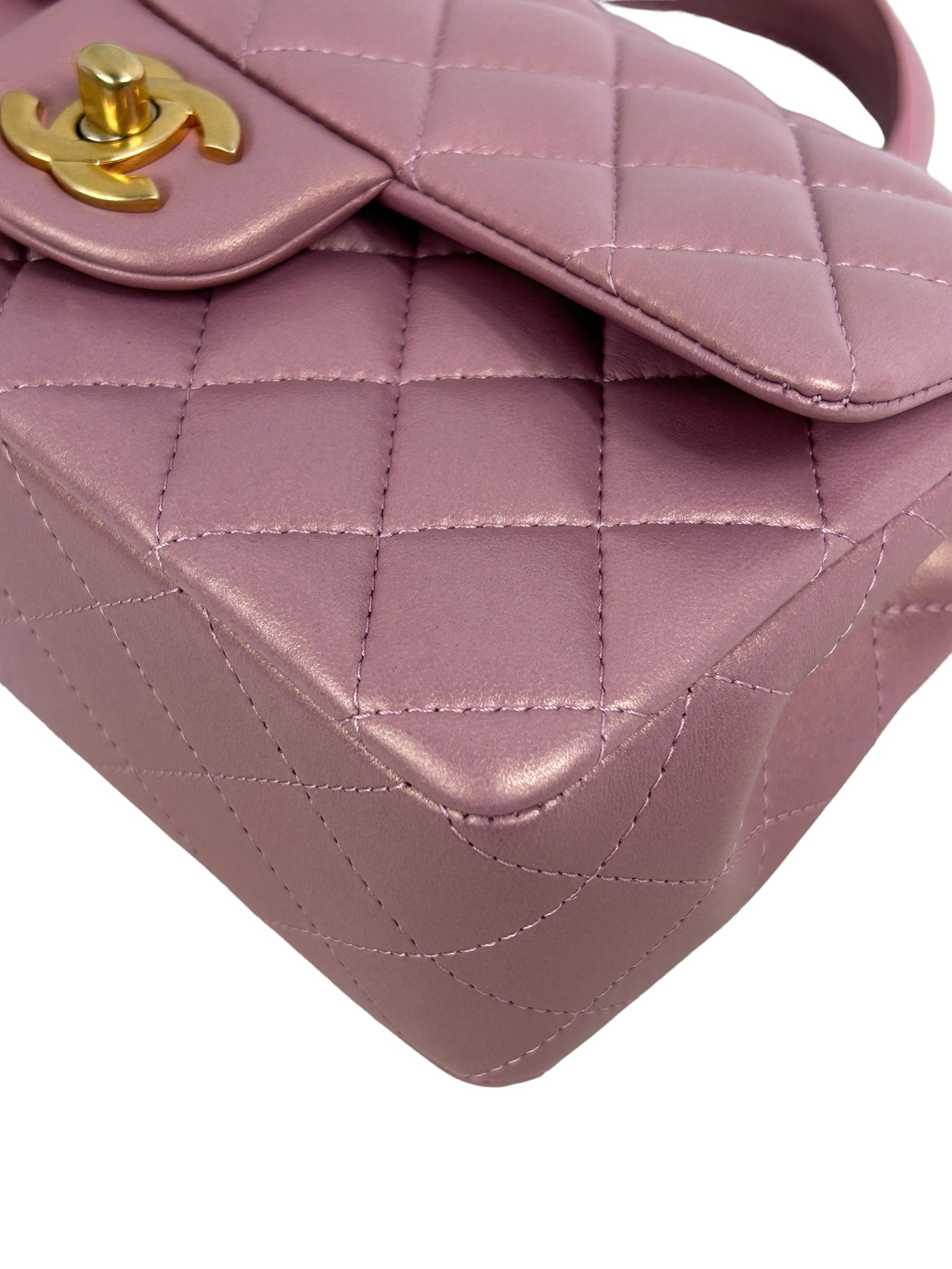 Pink Iridescent Lambskin Leather Quilted Mini Rectangle Top Handle Flap Bag w/AGHW