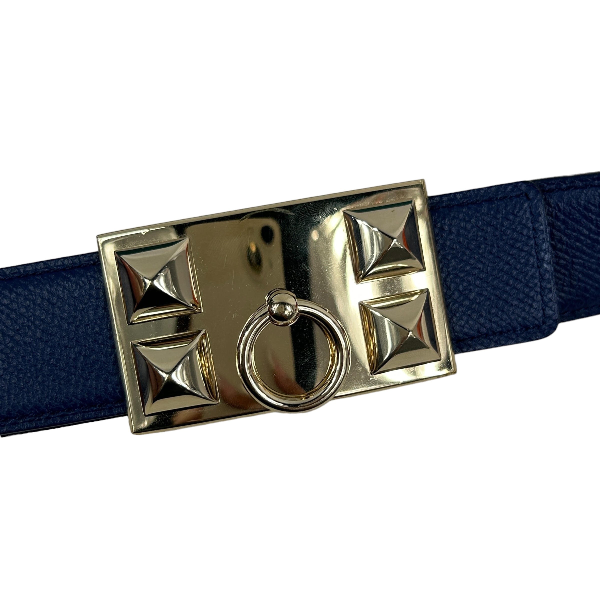 2 Tone Black Boxcalf Leather/Blue Clemence Leather Reversible Collier De Chien Belt w/PHW