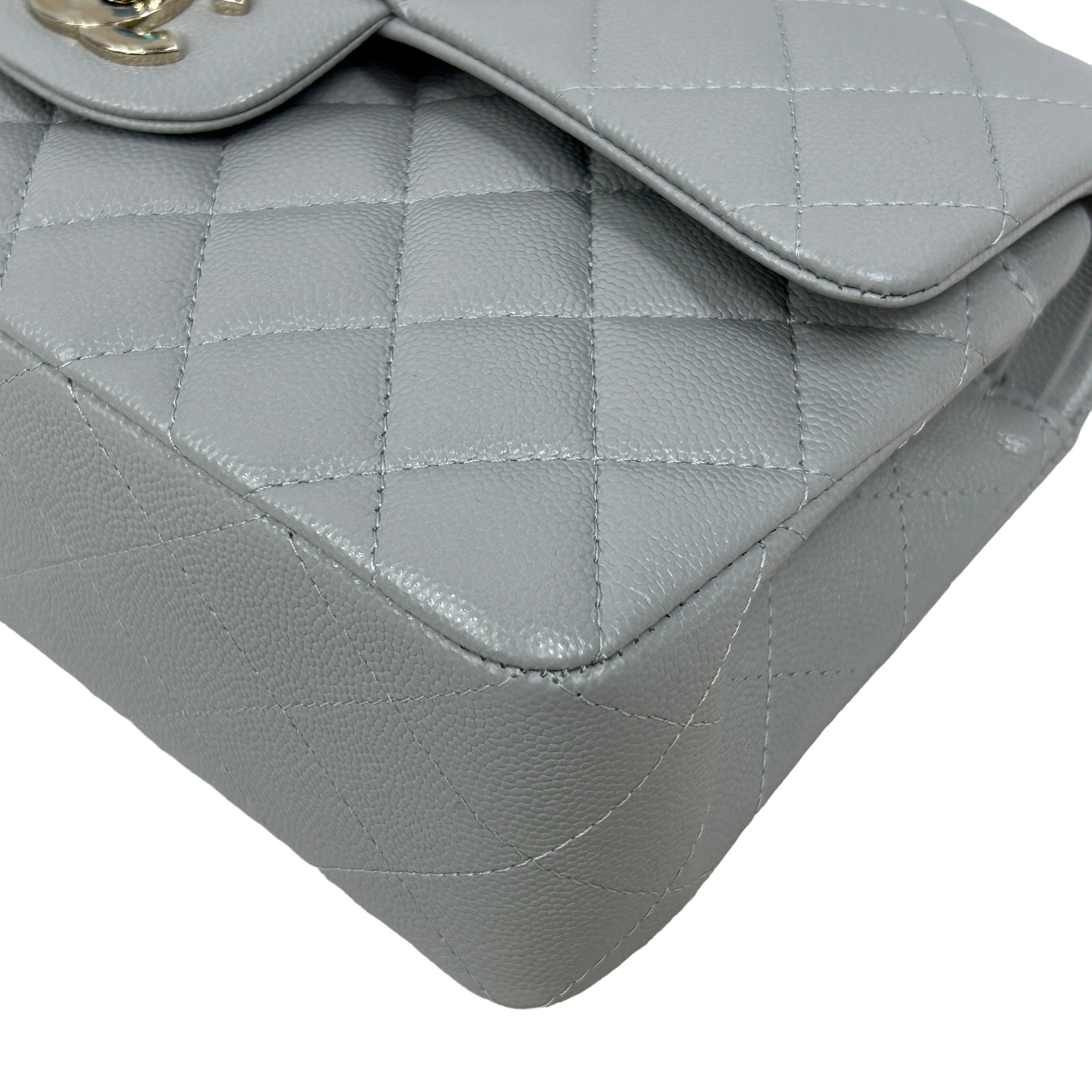 Light Grey Quilted Caviar Small Double Flap Classic W/LGHW-ON LAYAWAY