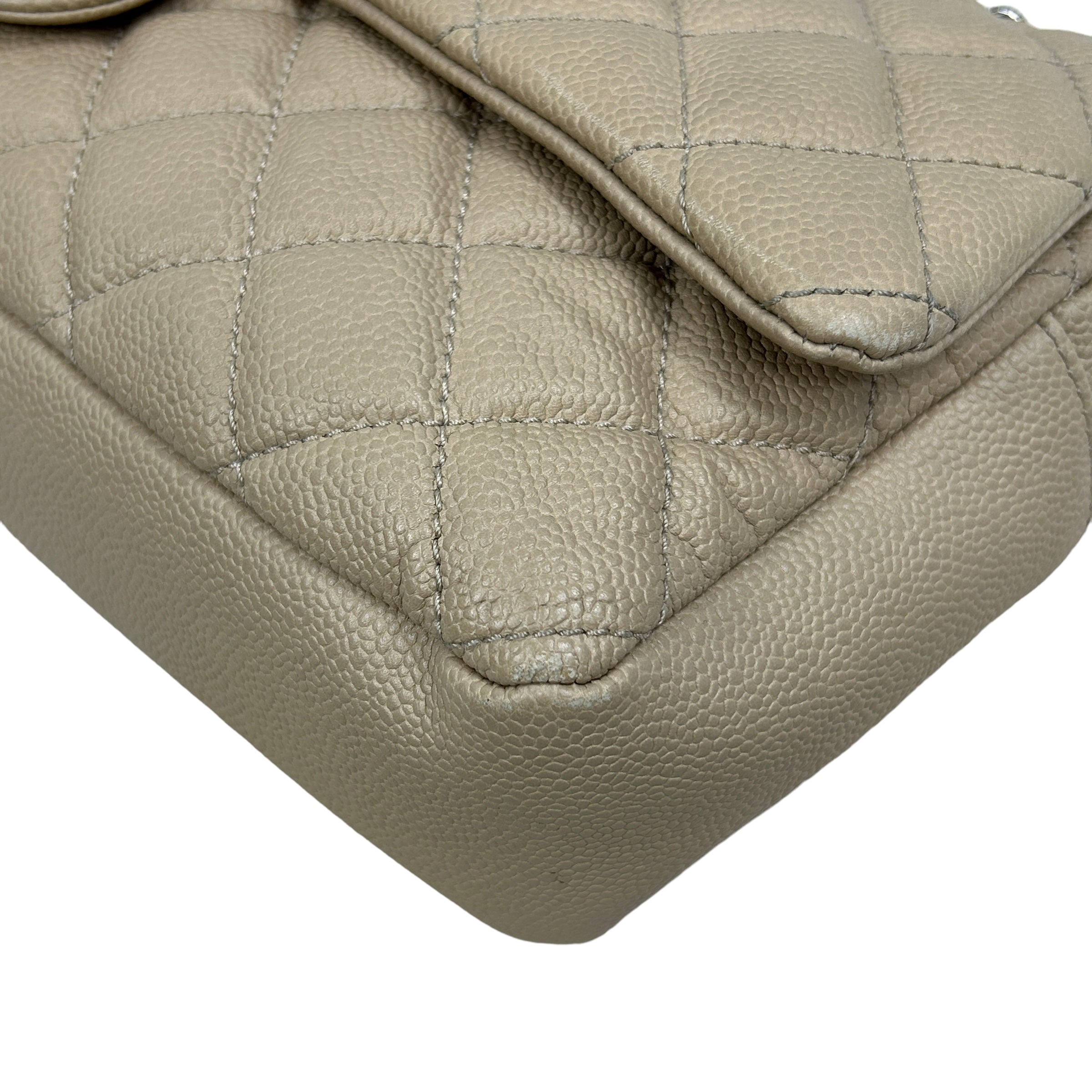 Beige Caviar Quilted Jumbo Classic Easy Flap Bag w/SHW