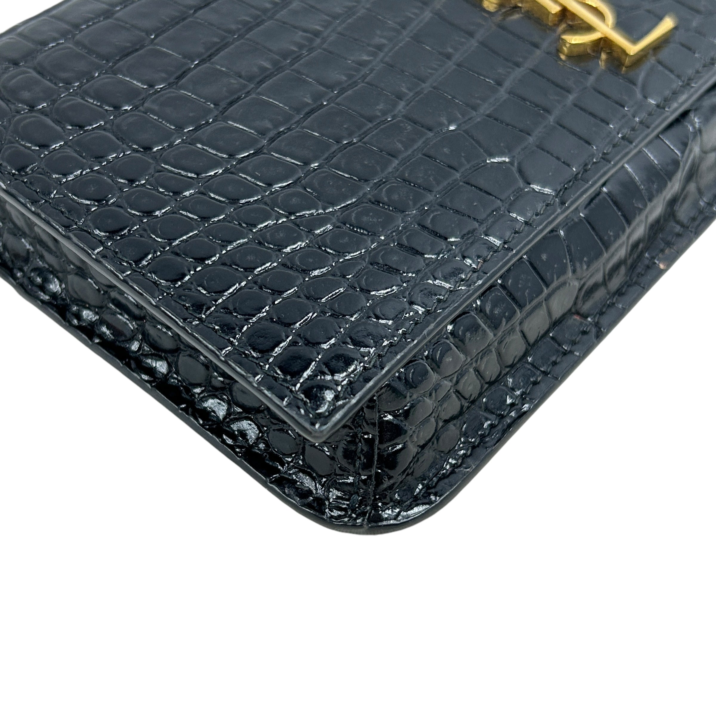 Black Croc Embossed Leather Phone Holder on Chain w/GHW