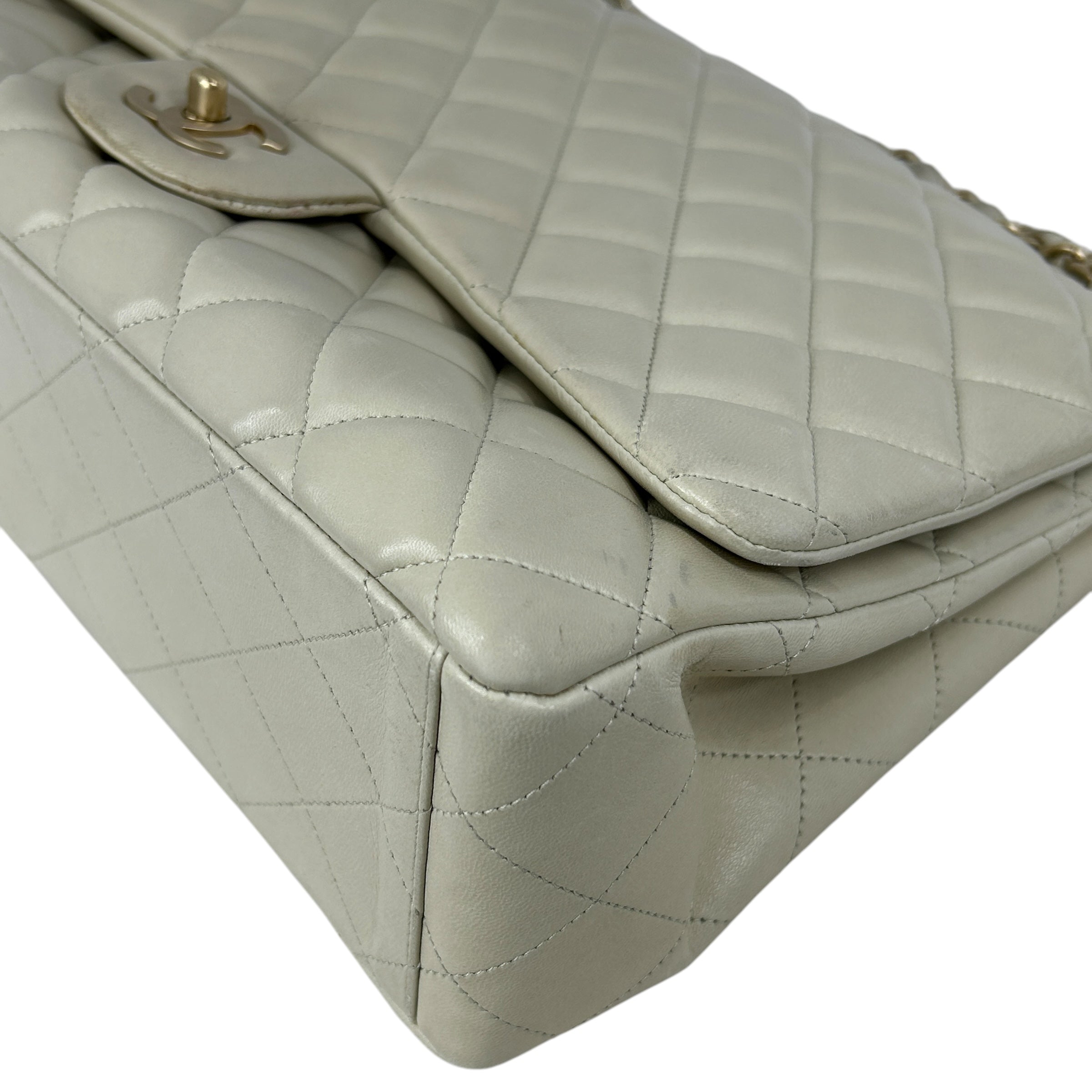 Beige Quilted Lambskin Maxi Single Classic Flap Bag w/MGHW