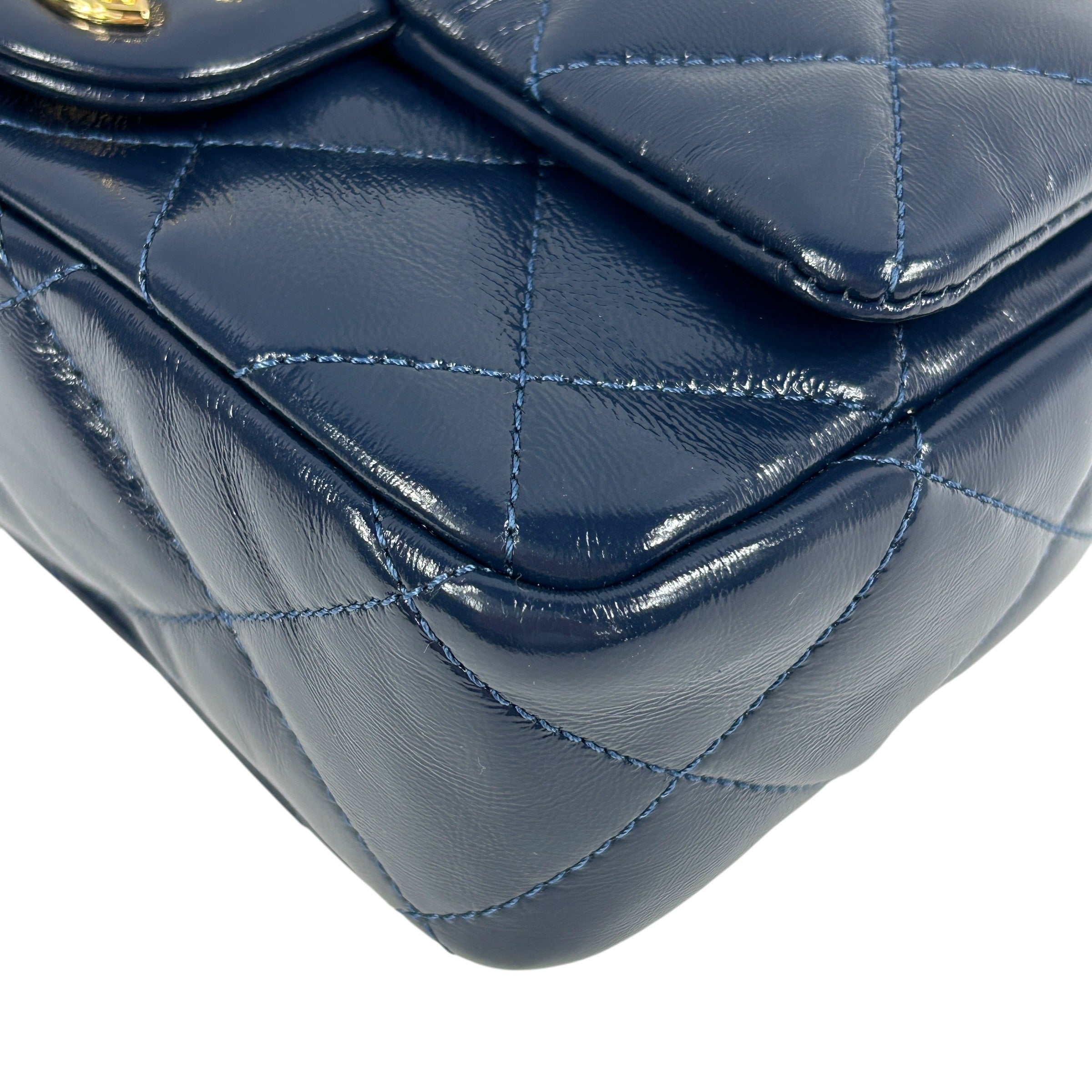 Navy Patent Leather Mini Flap with Top Handle w/GHW