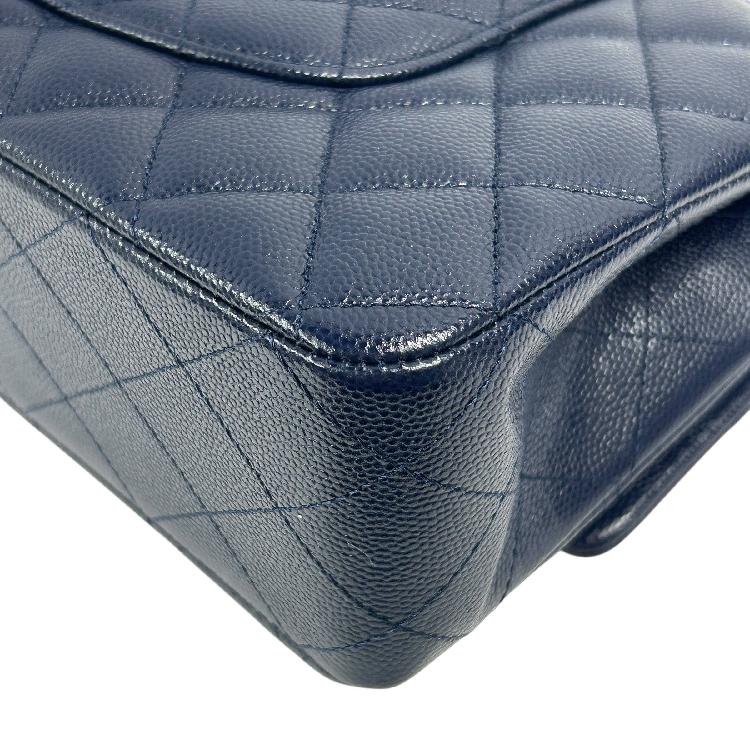 Navy Quilted Caviar Medium Classic Double Flap Bag w/GHW