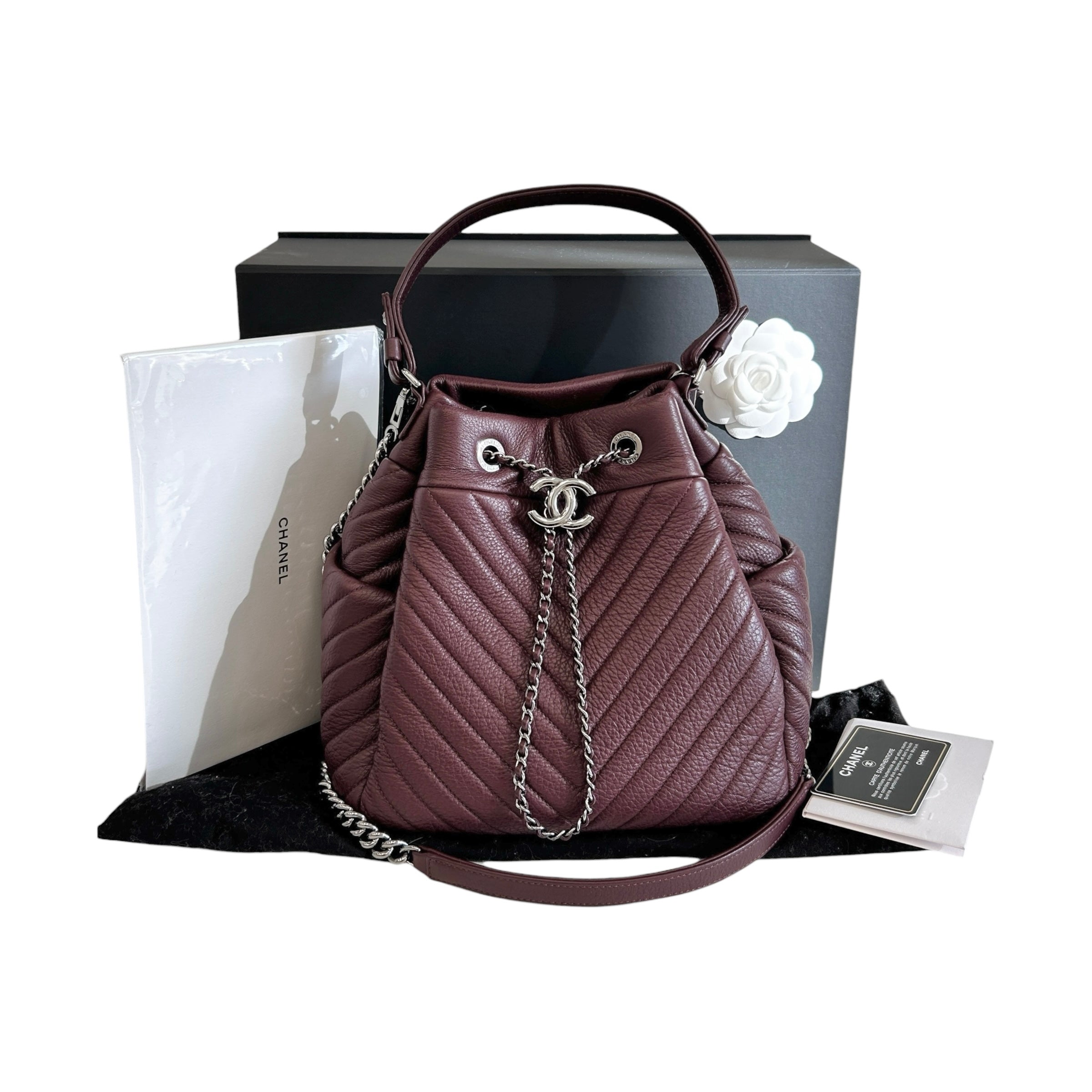 Burgundy Deerskin Small Chain Bucket Bag w/SHW