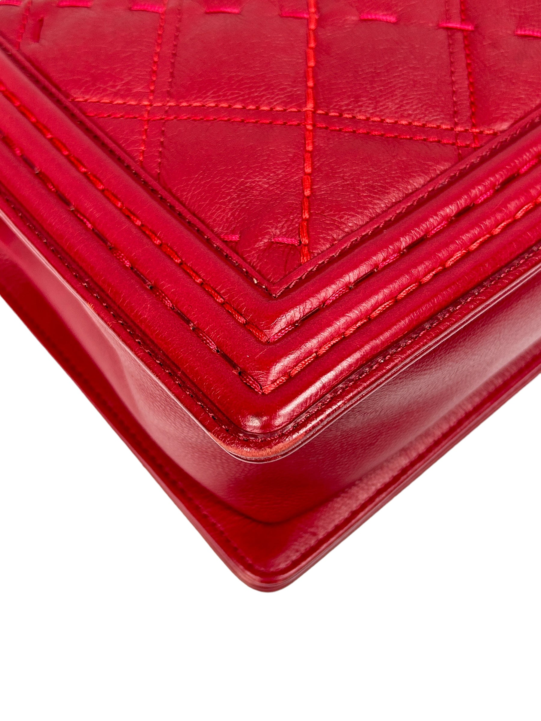 Red Caviar Calfskin Stitched Medium Boy Flap Bag w/2 -Tone AGHW/RHW