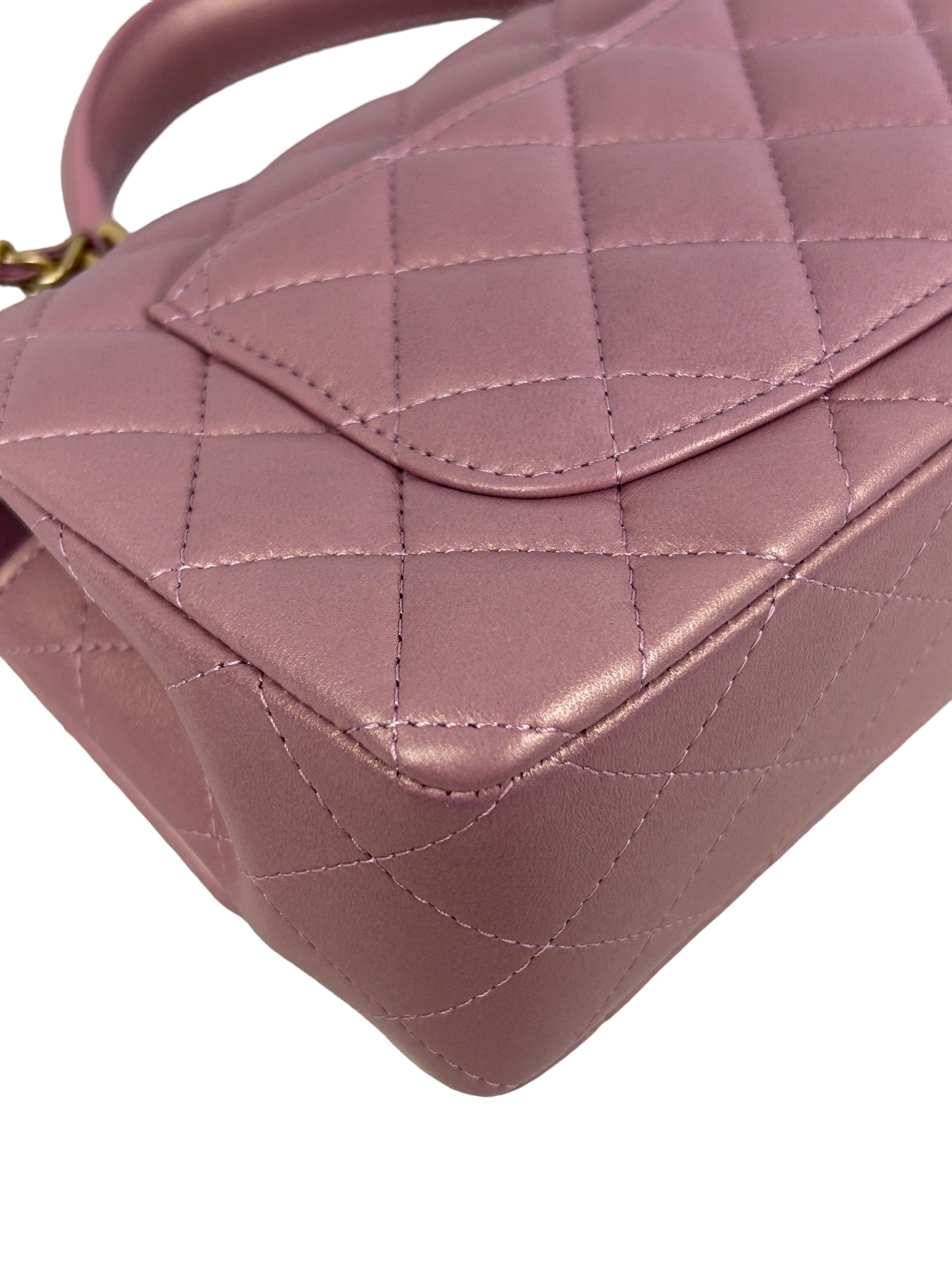 Pink Iridescent Lambskin Leather Quilted Mini Rectangle Top Handle Flap Bag w/AGHW