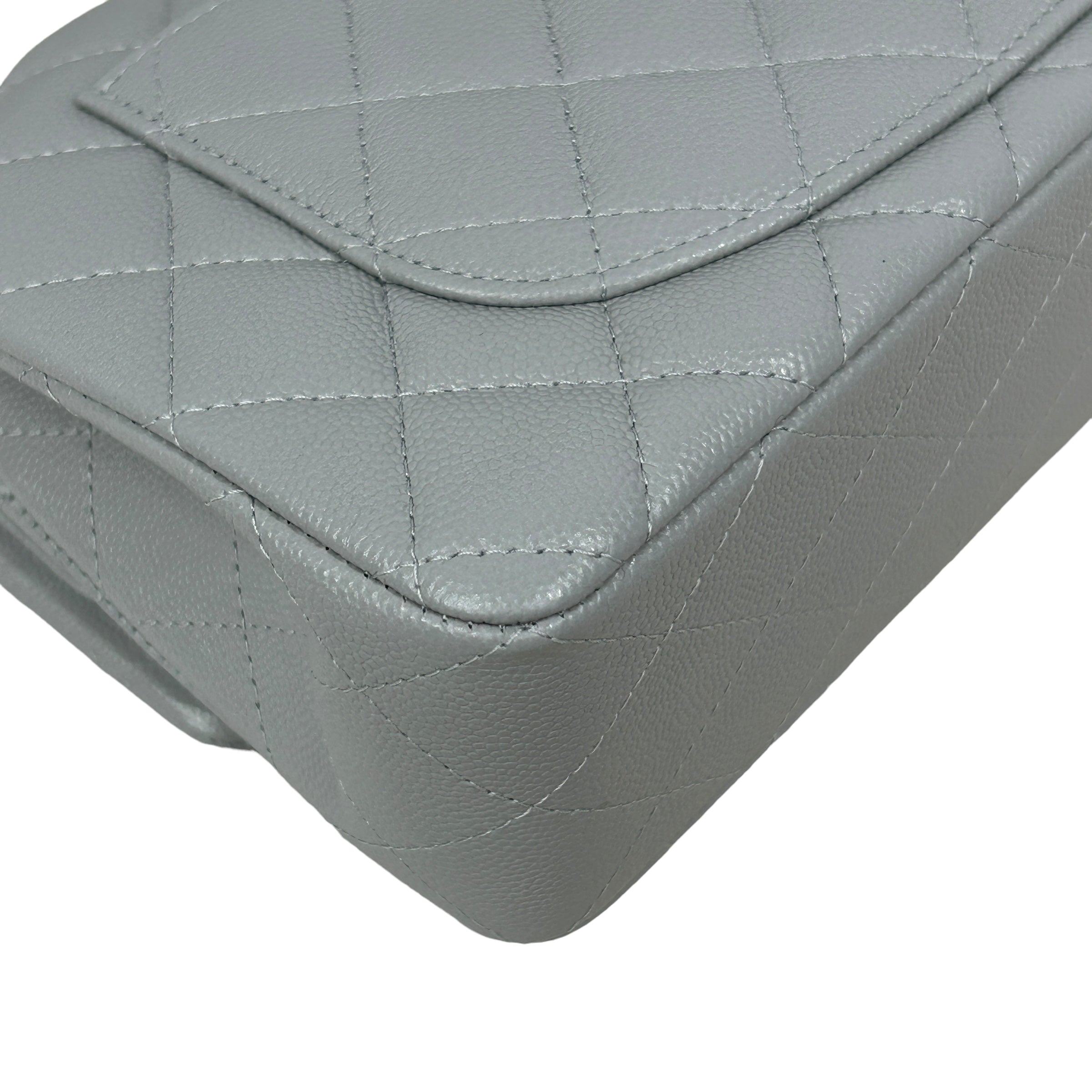 Light Grey Quilted Caviar Small Double Flap Classic W/LGHW-ON LAYAWAY