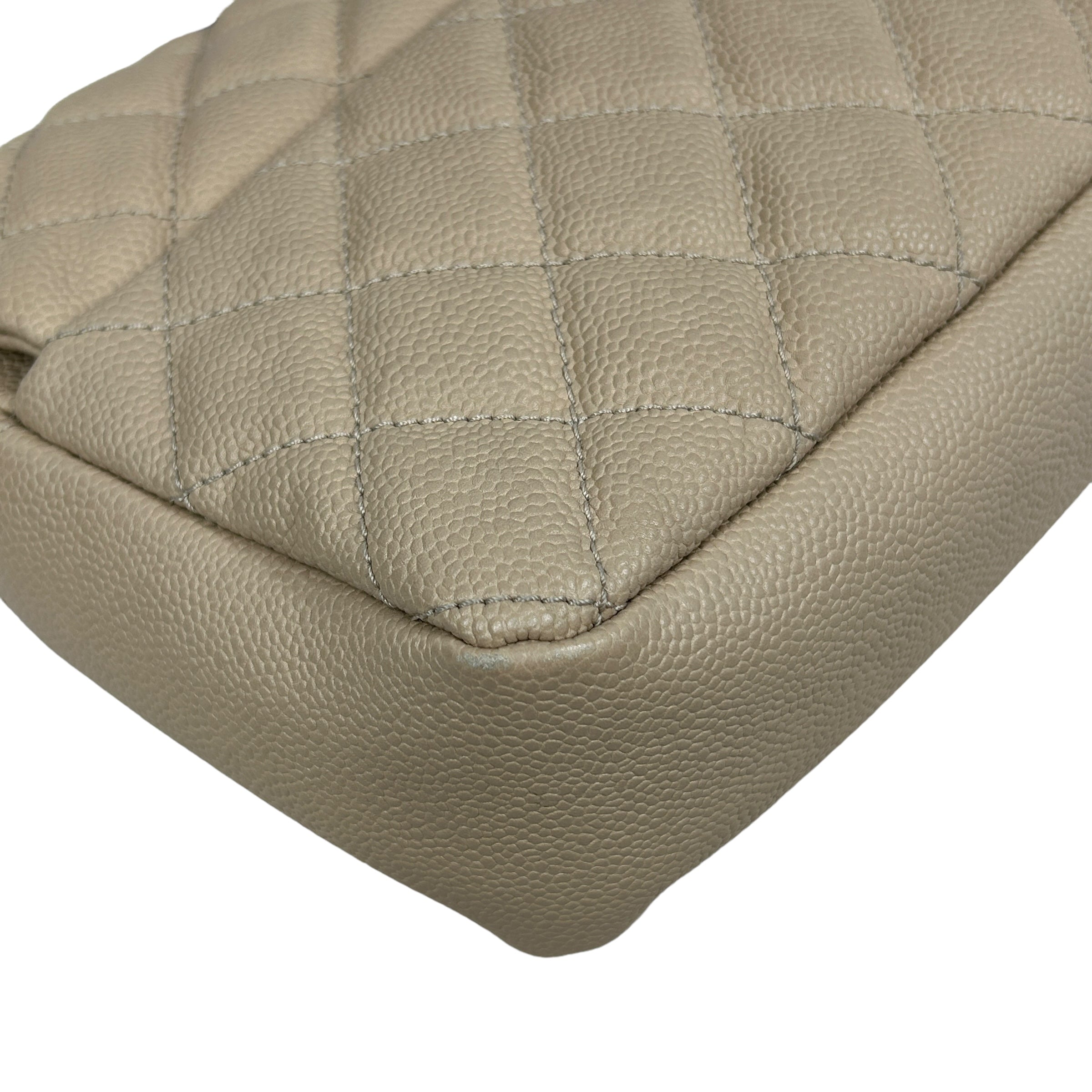 Beige Caviar Quilted Jumbo Classic Easy Flap Bag w/SHW