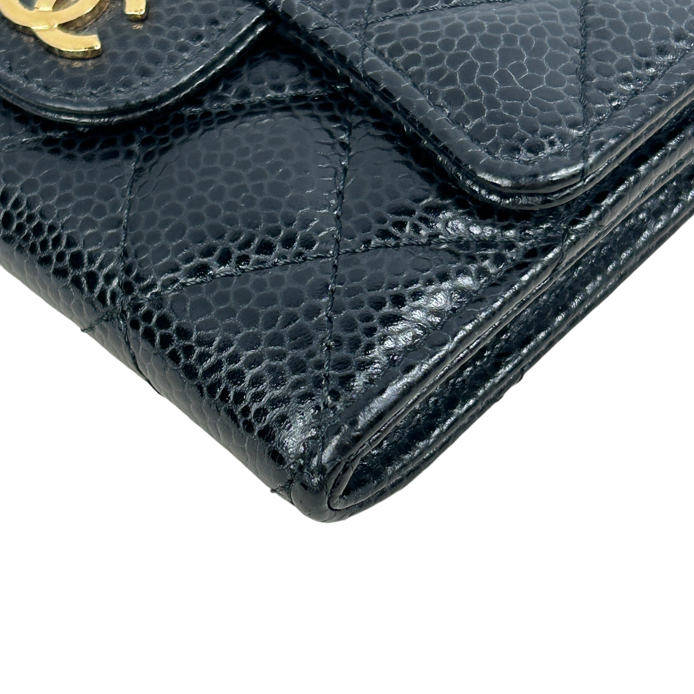 Black Caviar Quilted Card Case Wallet W/GHW