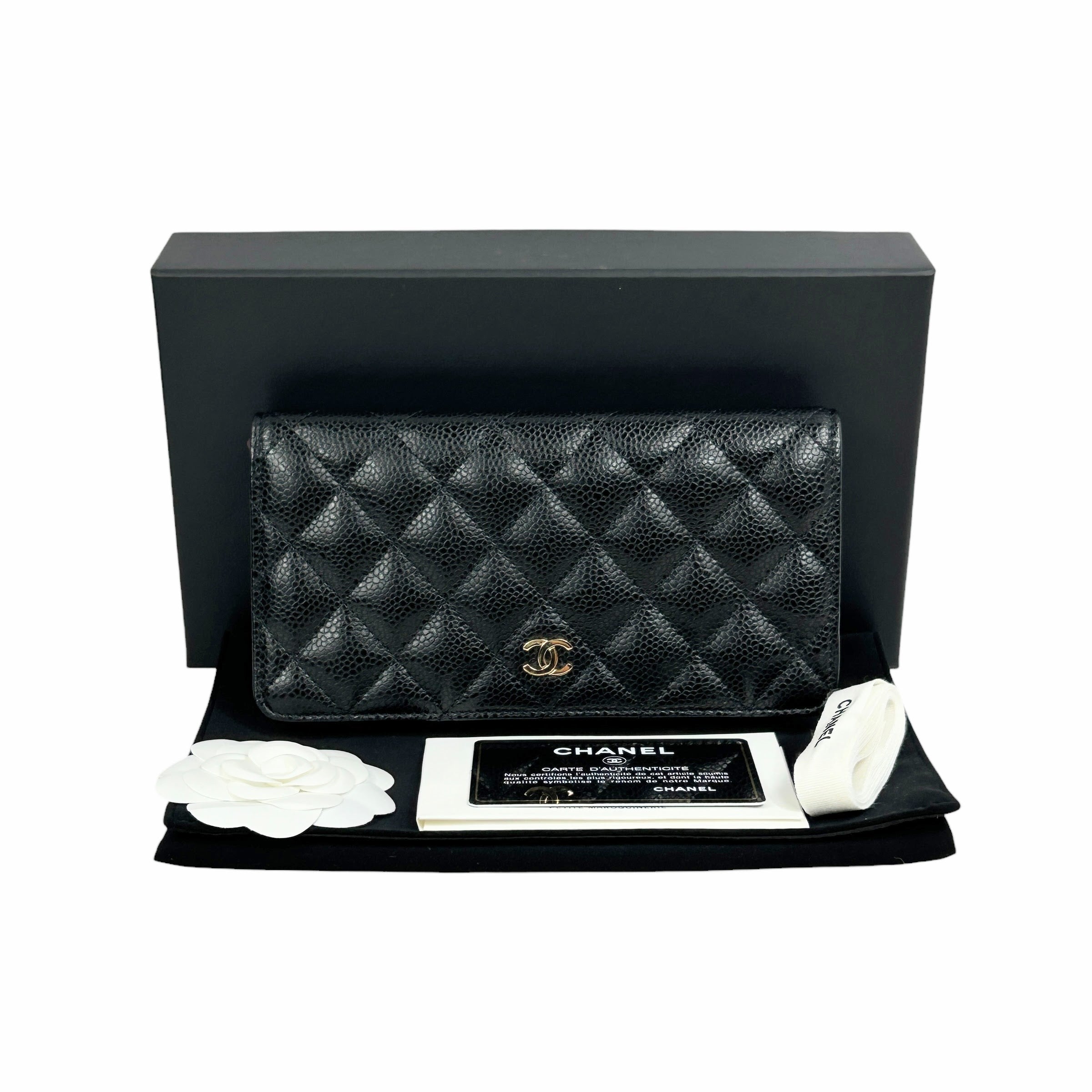 Black Caviar Quilted Yen Long Wallet W/GHW