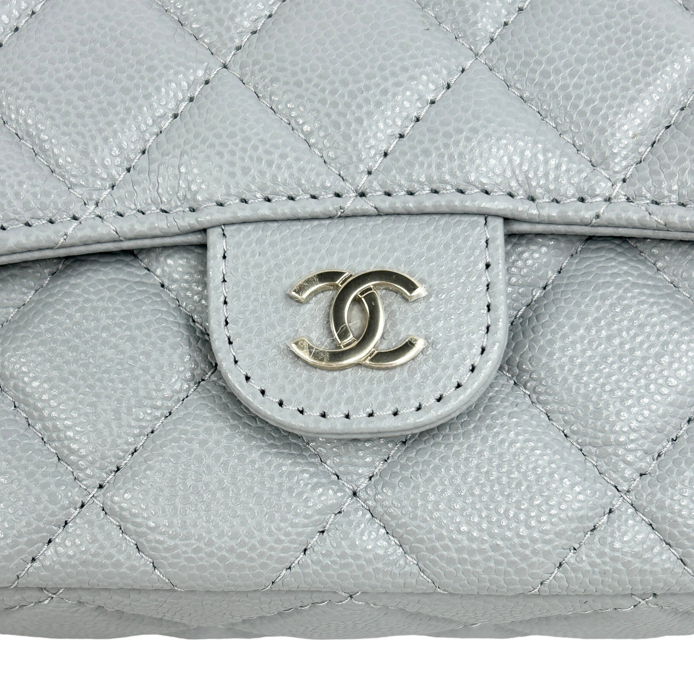 Caviar Quilted Light Grey Wallet/ Phone Holder on Chain w/LGHW