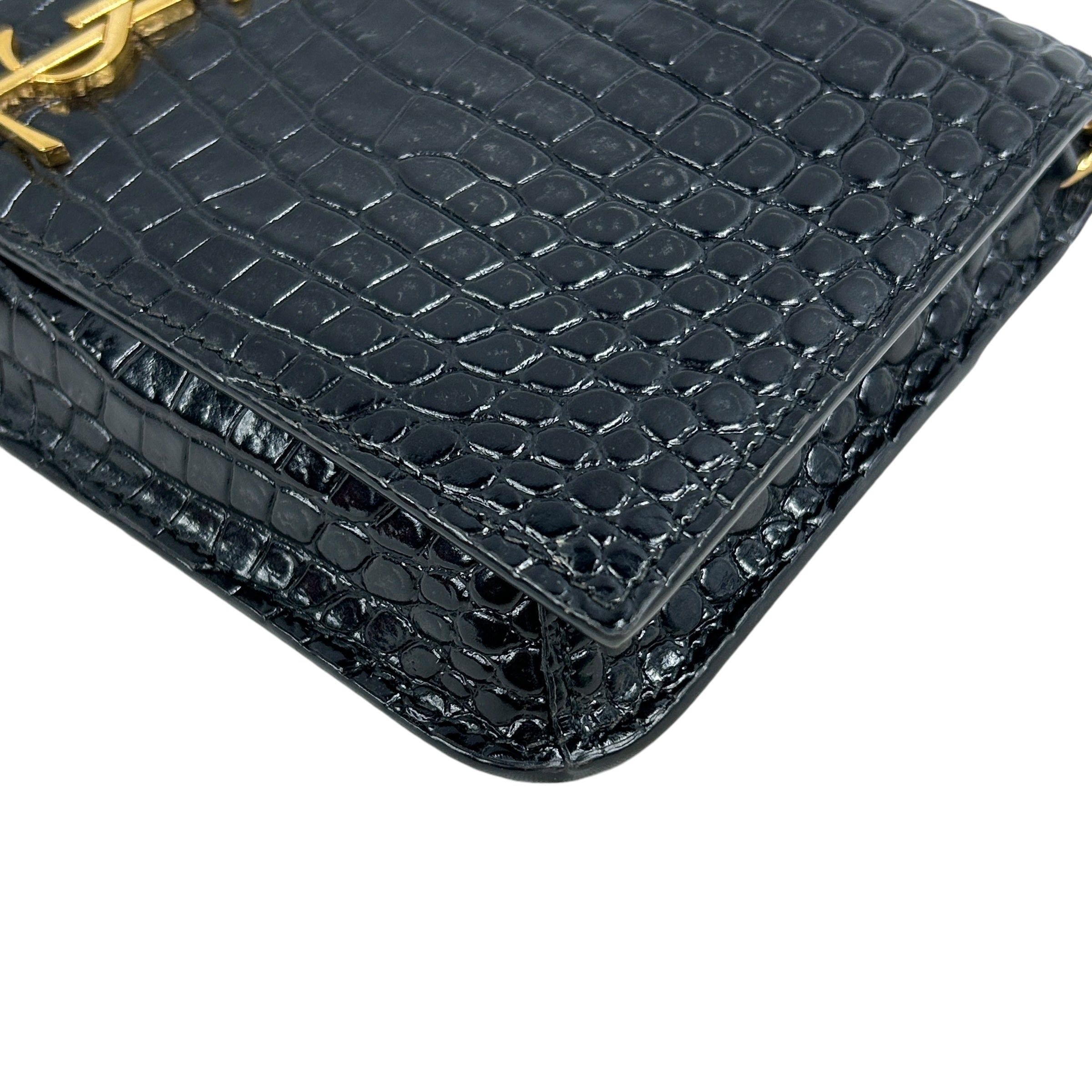 Black Croc Embossed Leather Phone Holder on Chain w/GHW