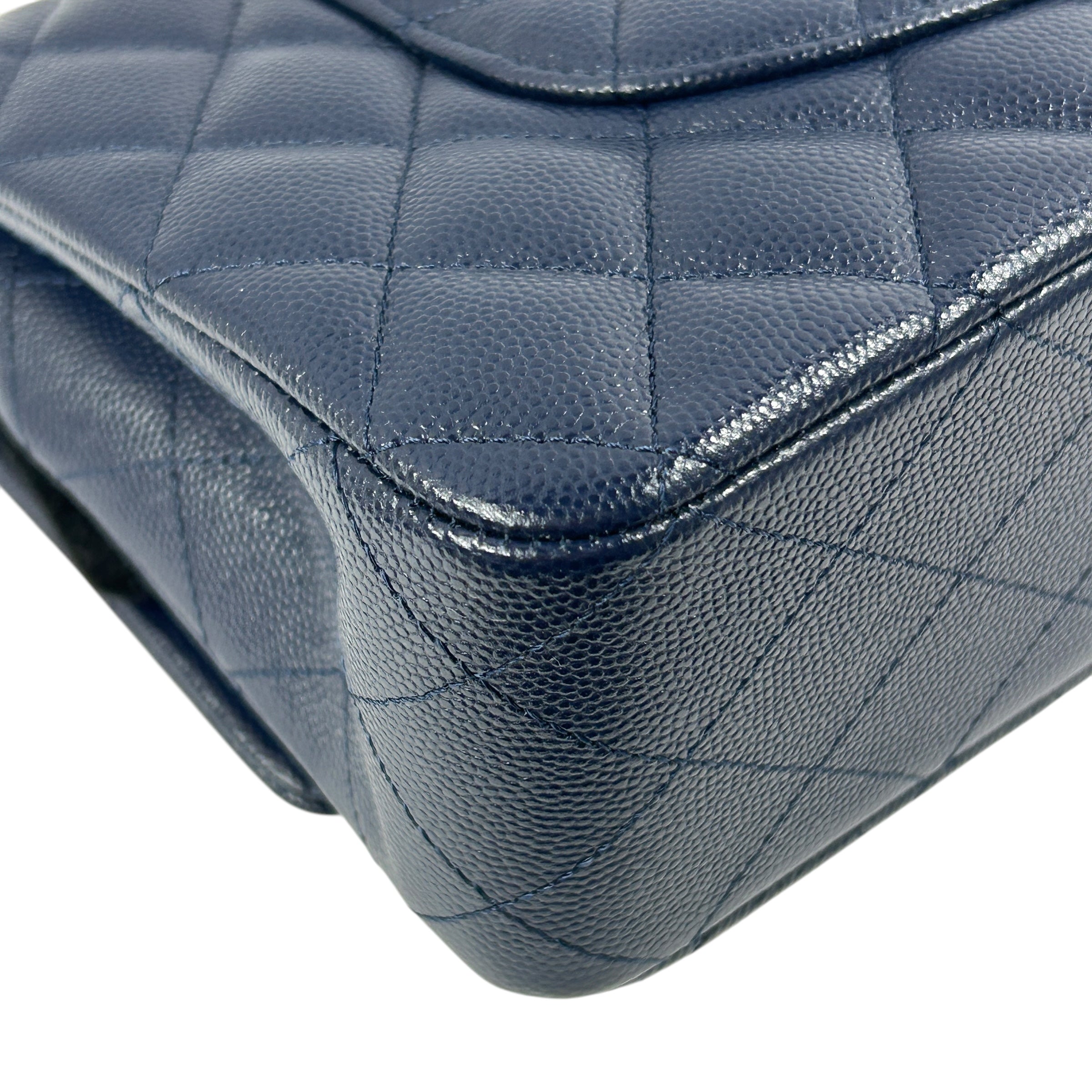 Navy Quilted Caviar Medium Classic Double Flap Bag w/GHW