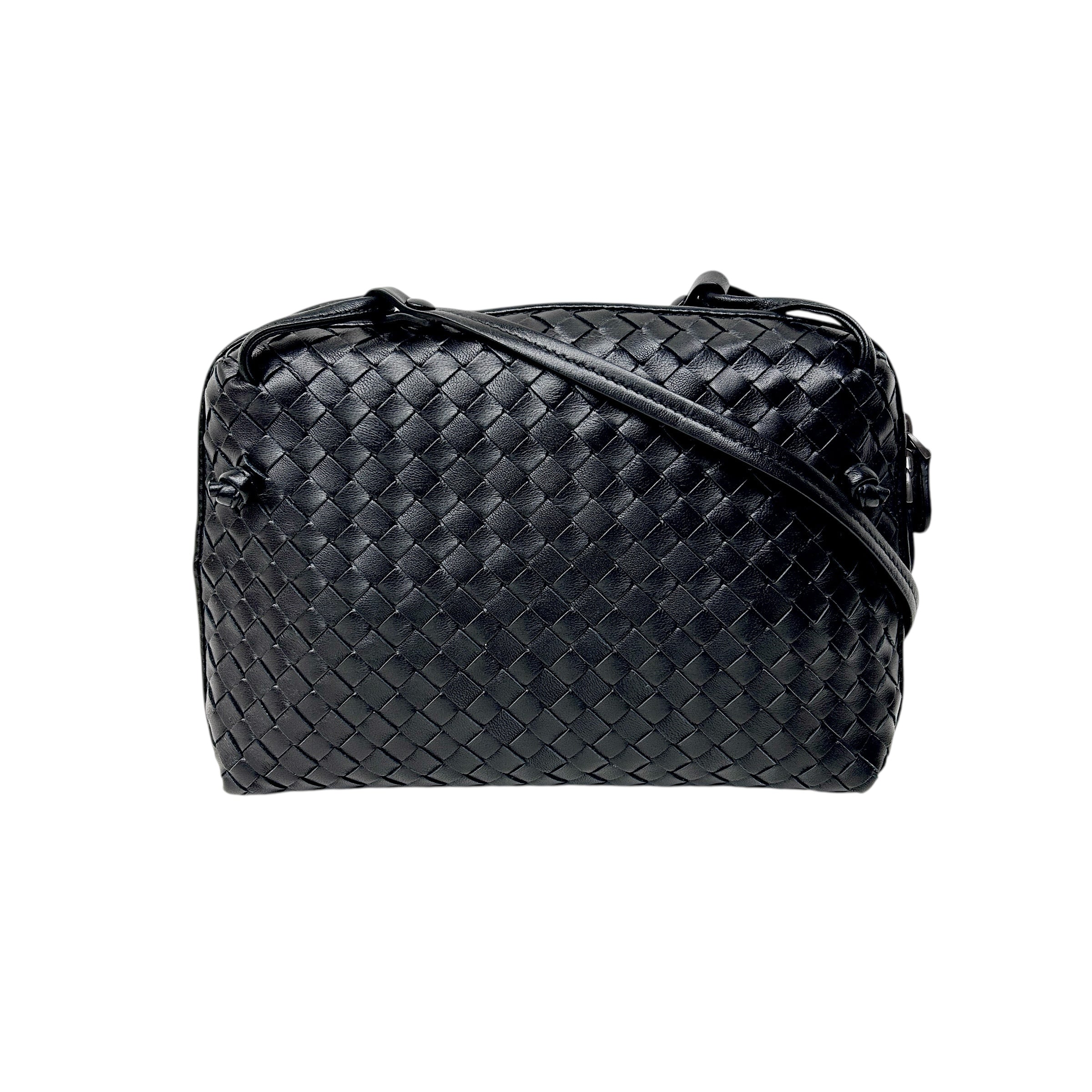 Black Intrecciato Woven Nappa Leather Nodini Crossbody Bag w/Gunmetal HW