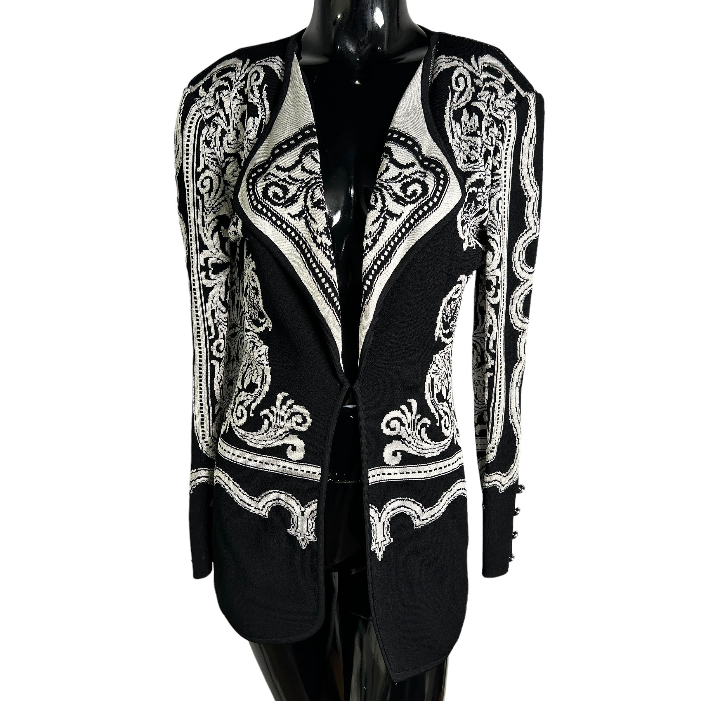 Black/White Brocade Pattern Padded Shoulder Blazer/Sweater