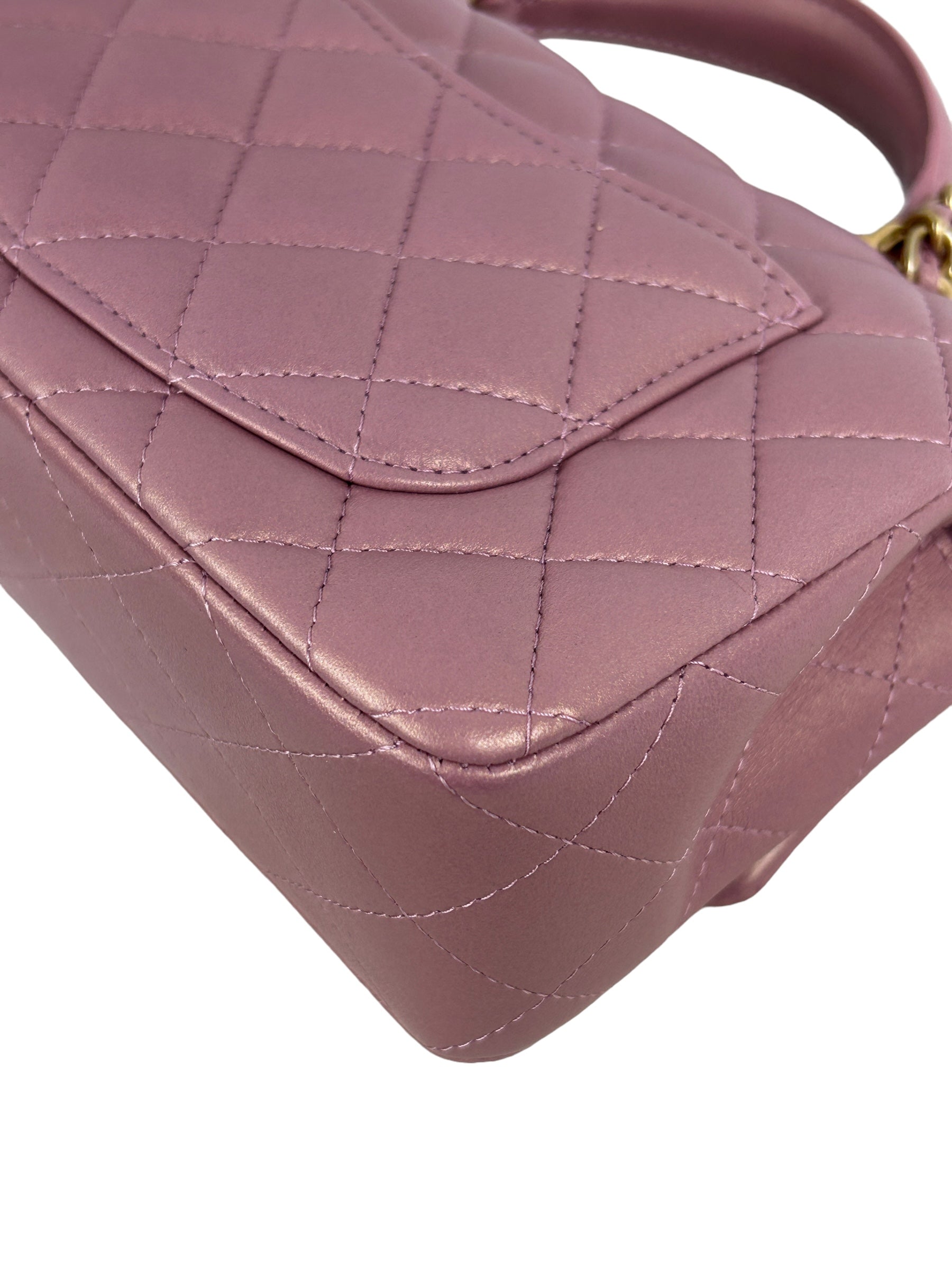 Pink Iridescent Lambskin Leather Quilted Mini Rectangle Top Handle Flap Bag w/AGHW