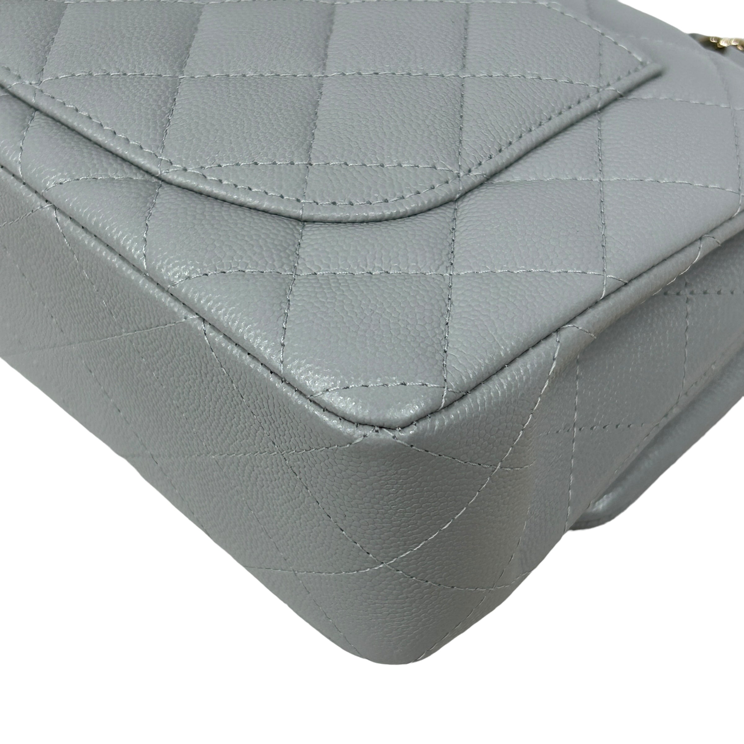 Light Grey Quilted Caviar Small Double Flap Classic W/LGHW-ON LAYAWAY