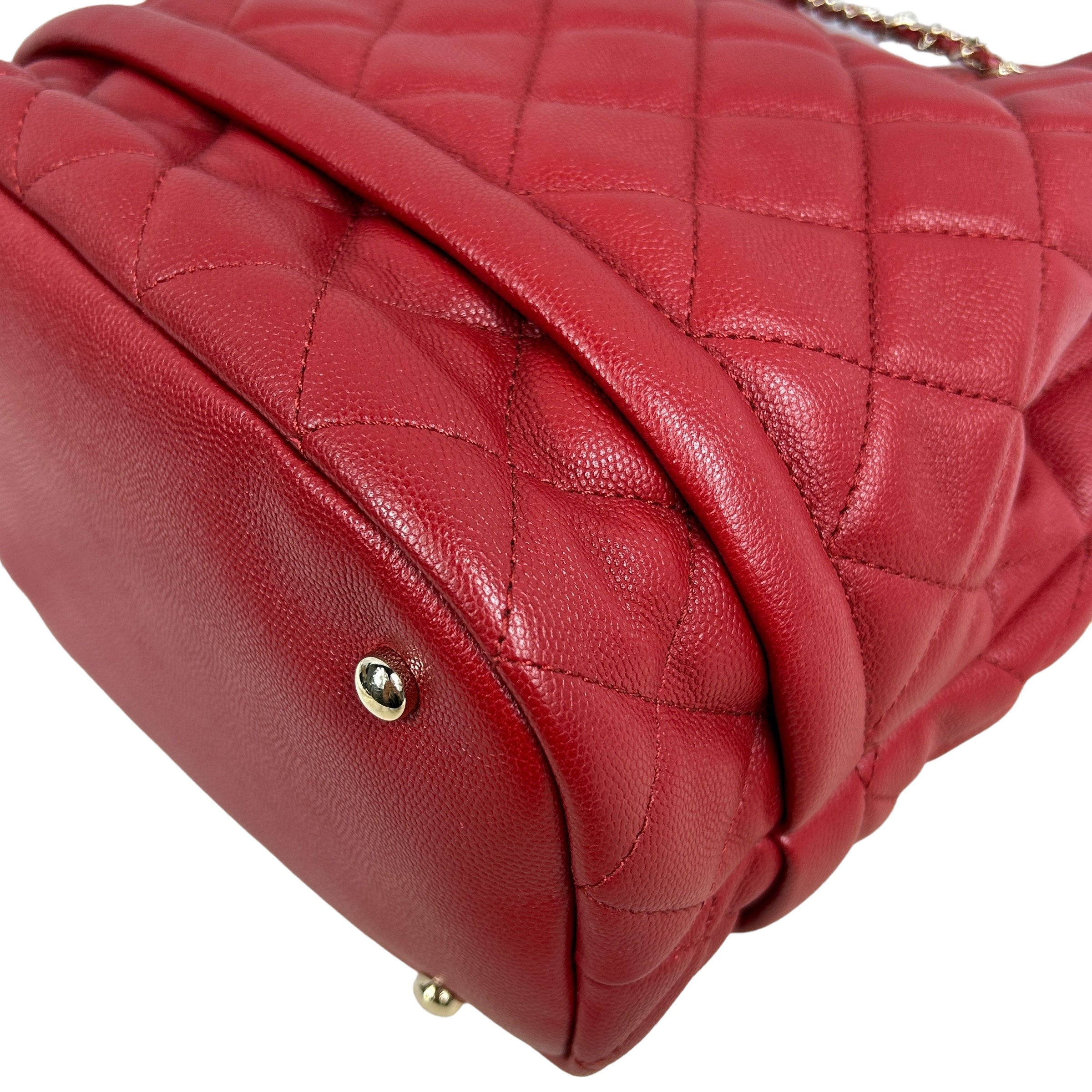 Red Caviar Quilted Medium Rolled Up Bucket Drawstring Bag w/LGHW