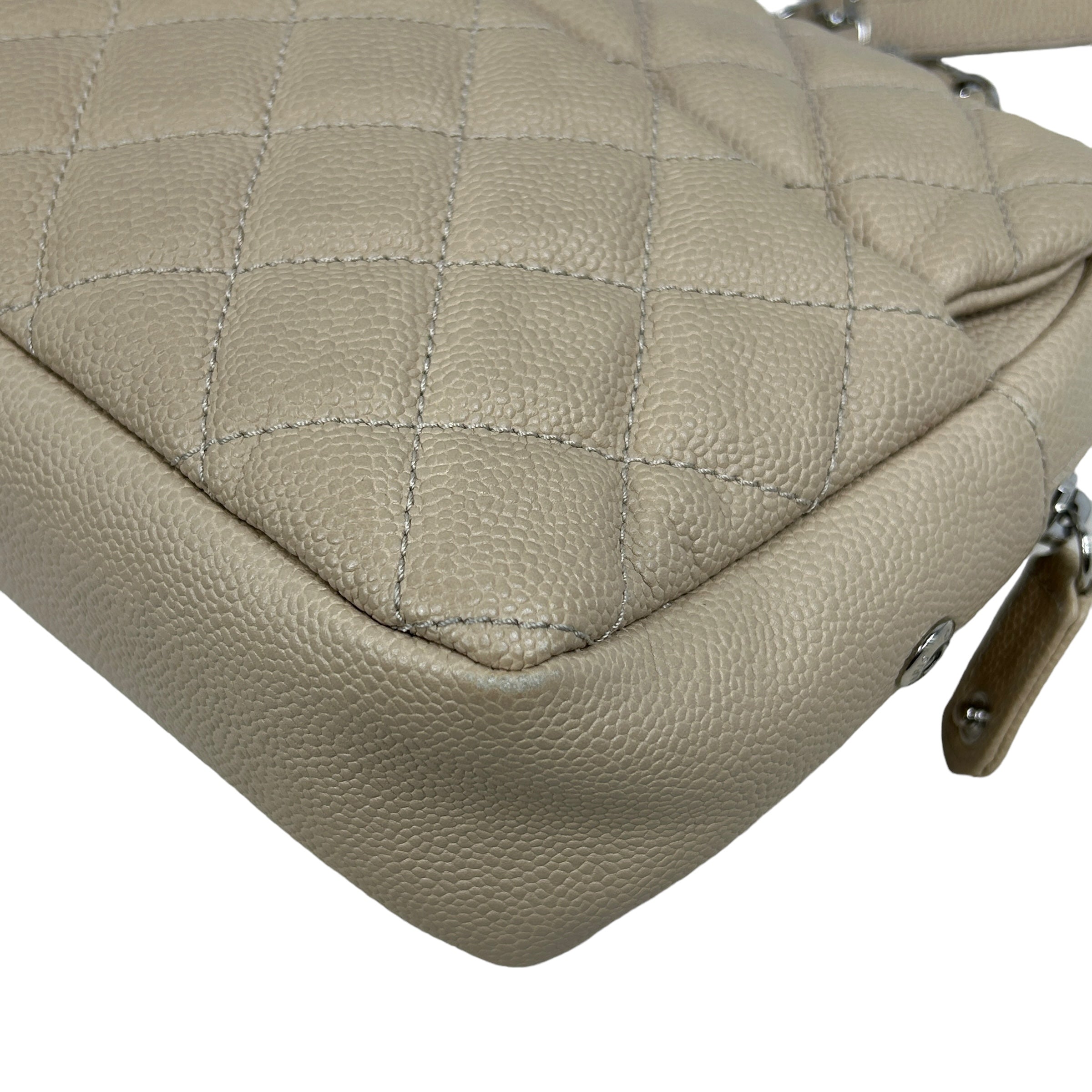 Beige Caviar Quilted Jumbo Classic Easy Flap Bag w/SHW