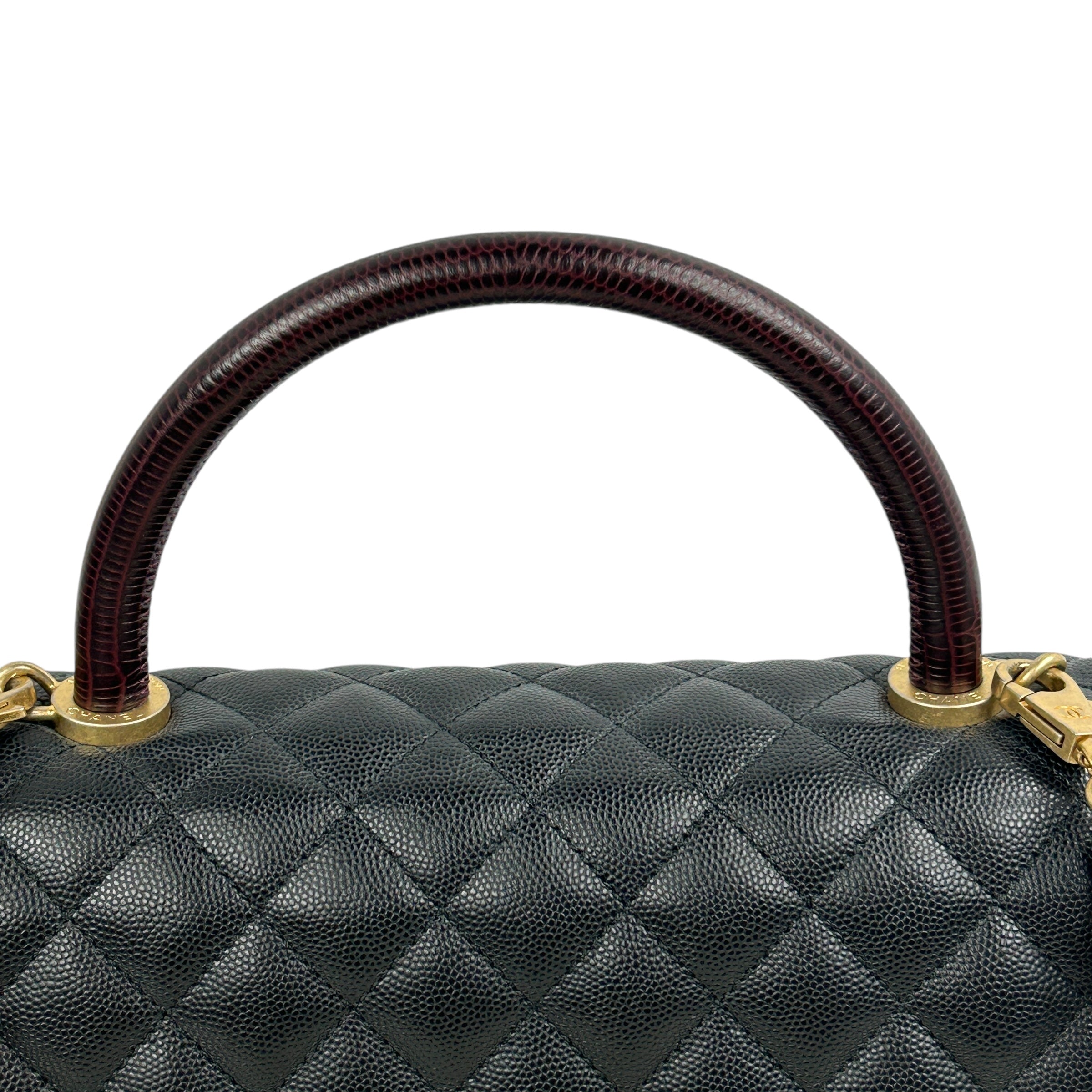 Black Caviar Quilted Coco Top Lizard Handle Large Bag w/AGHW