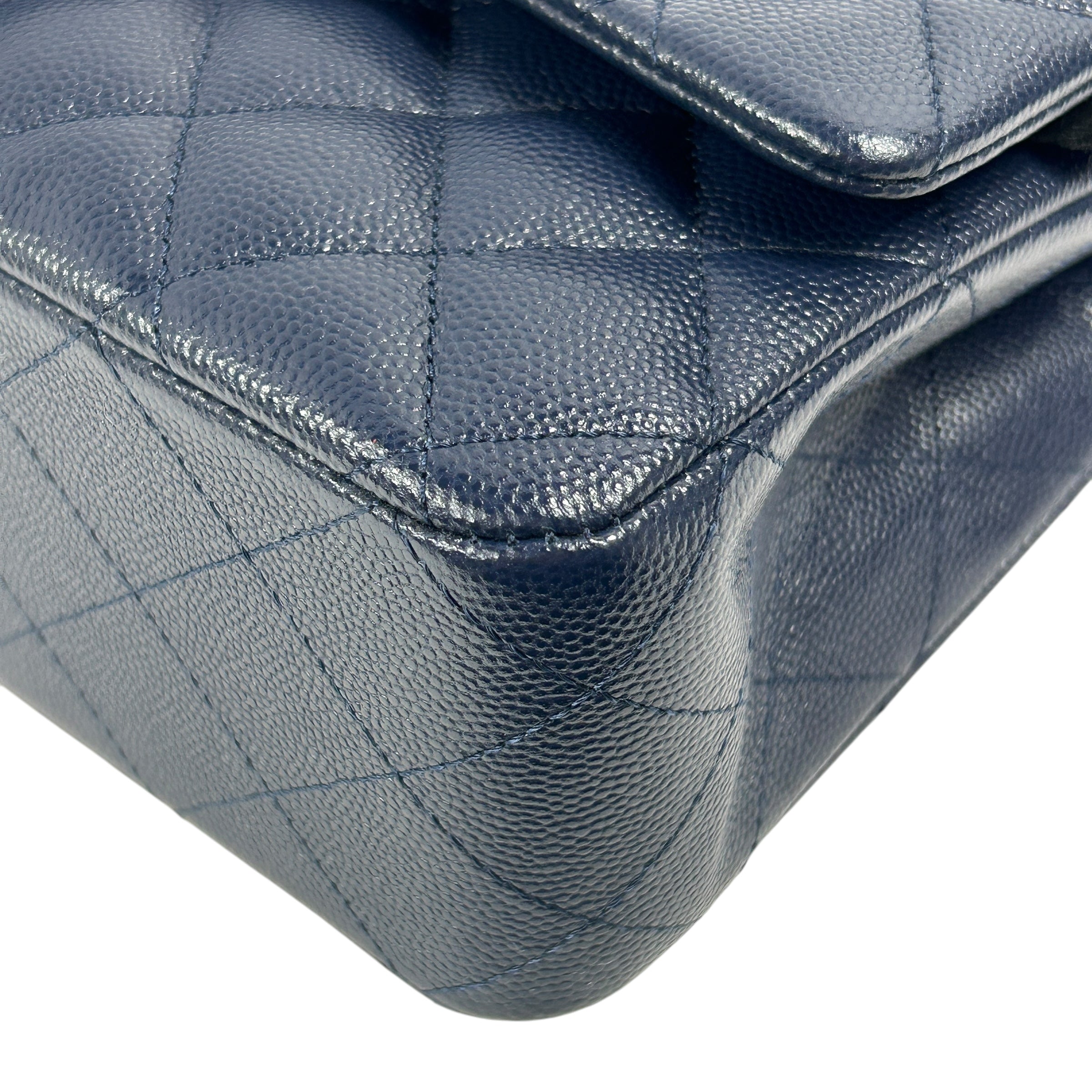 Navy Quilted Caviar Medium Classic Double Flap Bag w/GHW