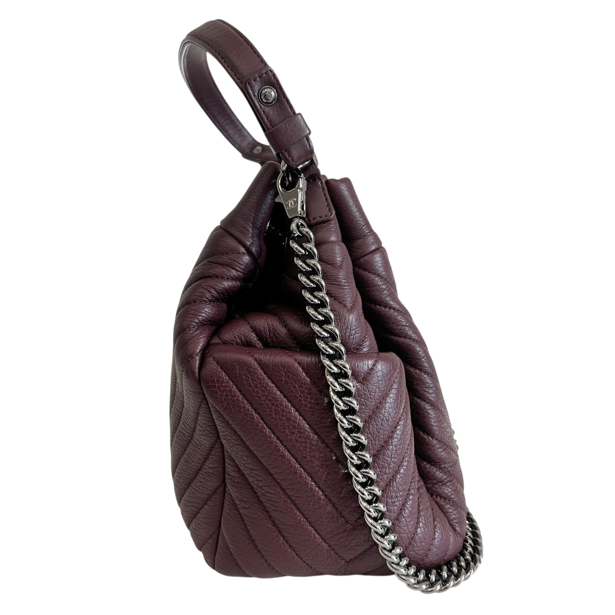 Burgundy Deerskin Small Chain Bucket Bag w/SHW
