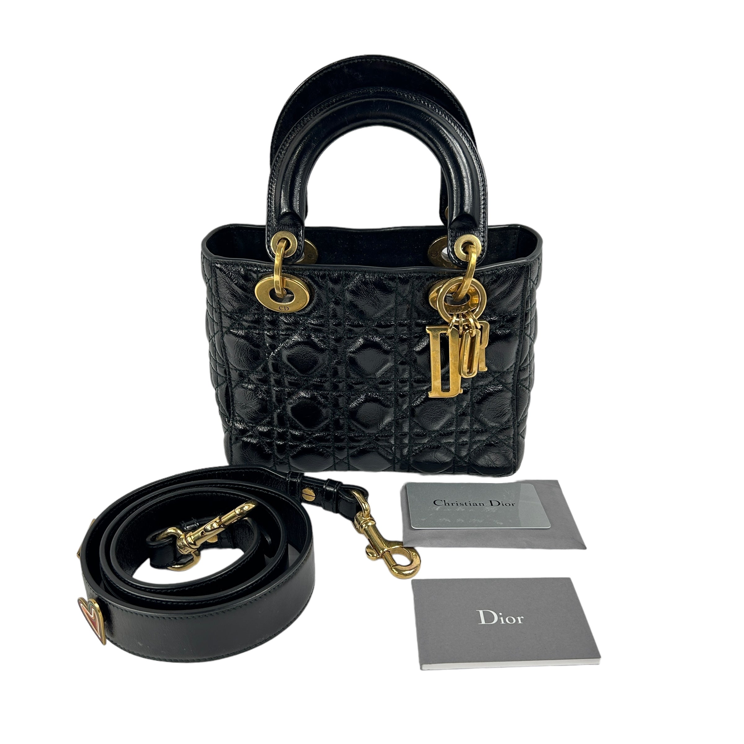 Black aged Glazed Calfskin Small Lady Dior w/AGHW