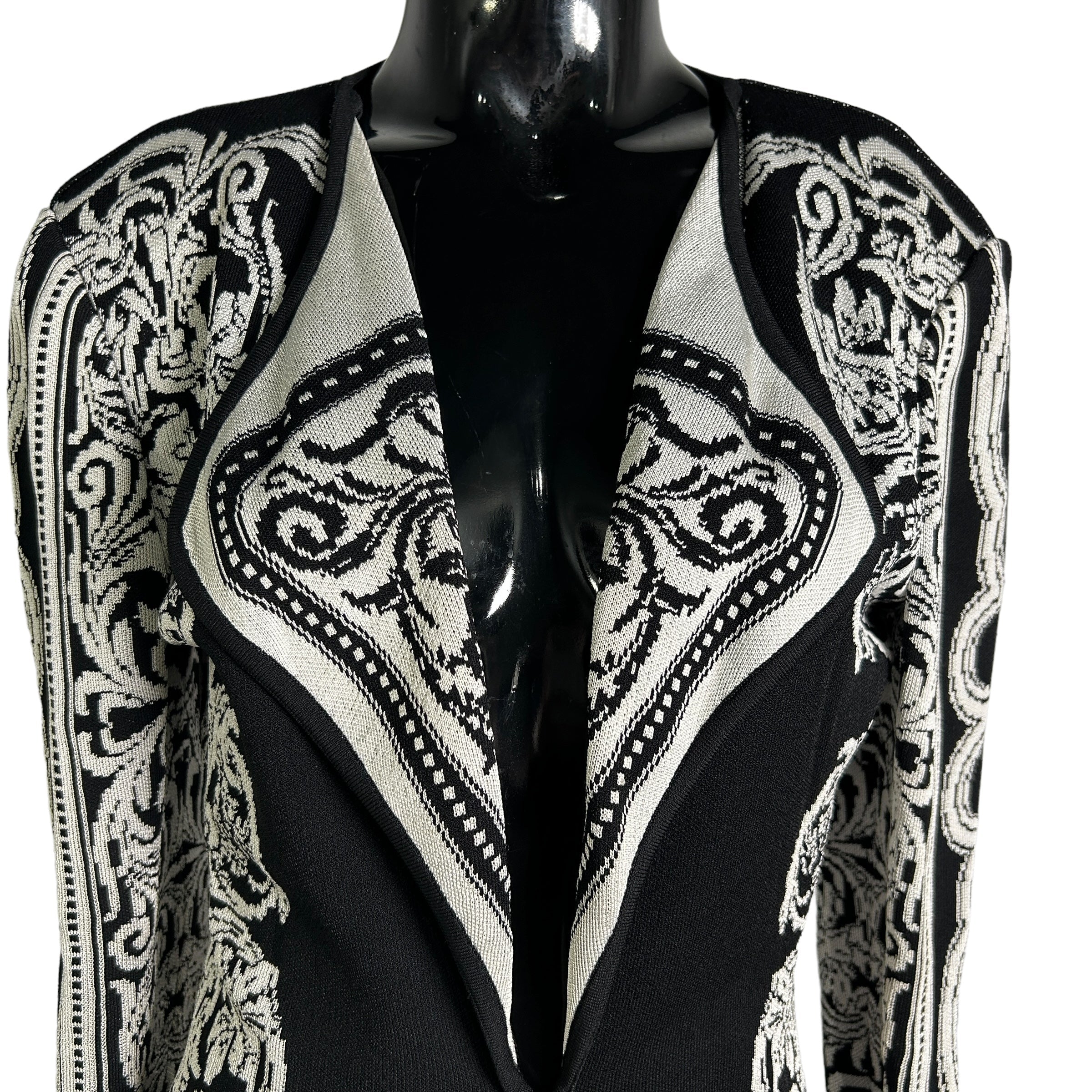 Black/White Brocade Pattern Padded Shoulder Blazer/Sweater