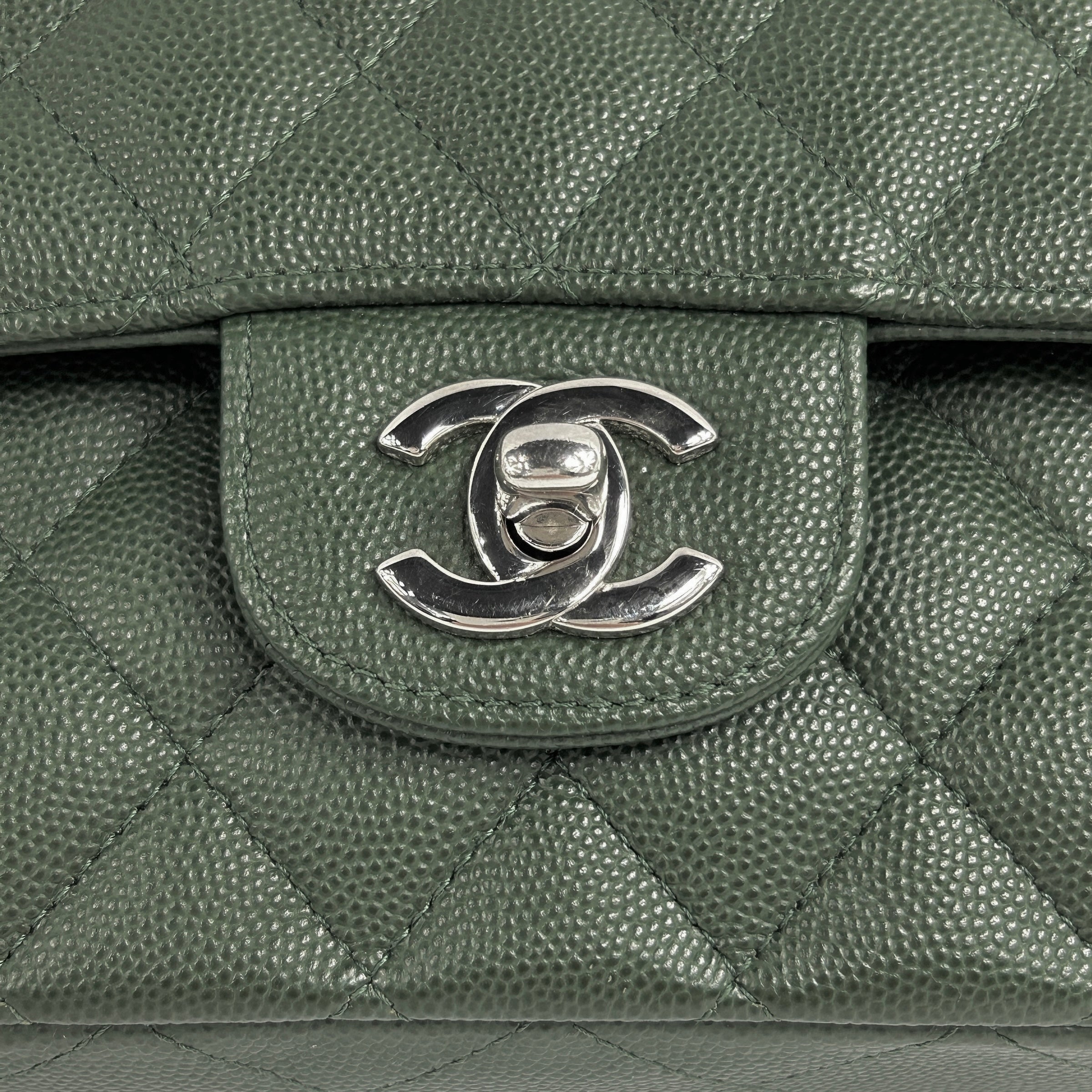 Olive Green Caviar Quilted Medium Classic Double Flap w/SHW