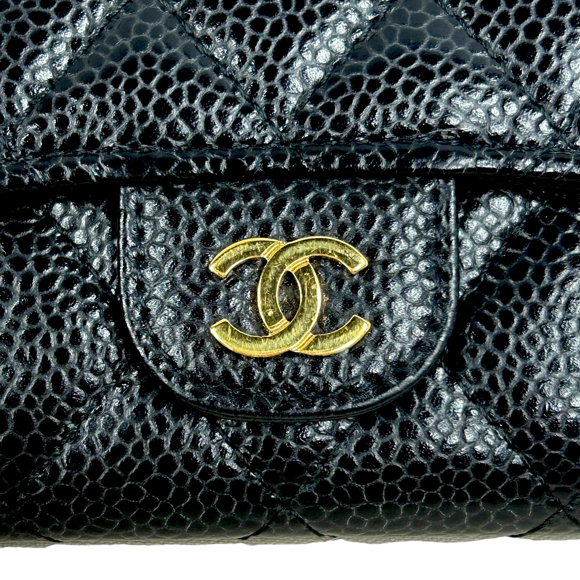 Black Caviar Quilted Card Case Wallet W/GHW